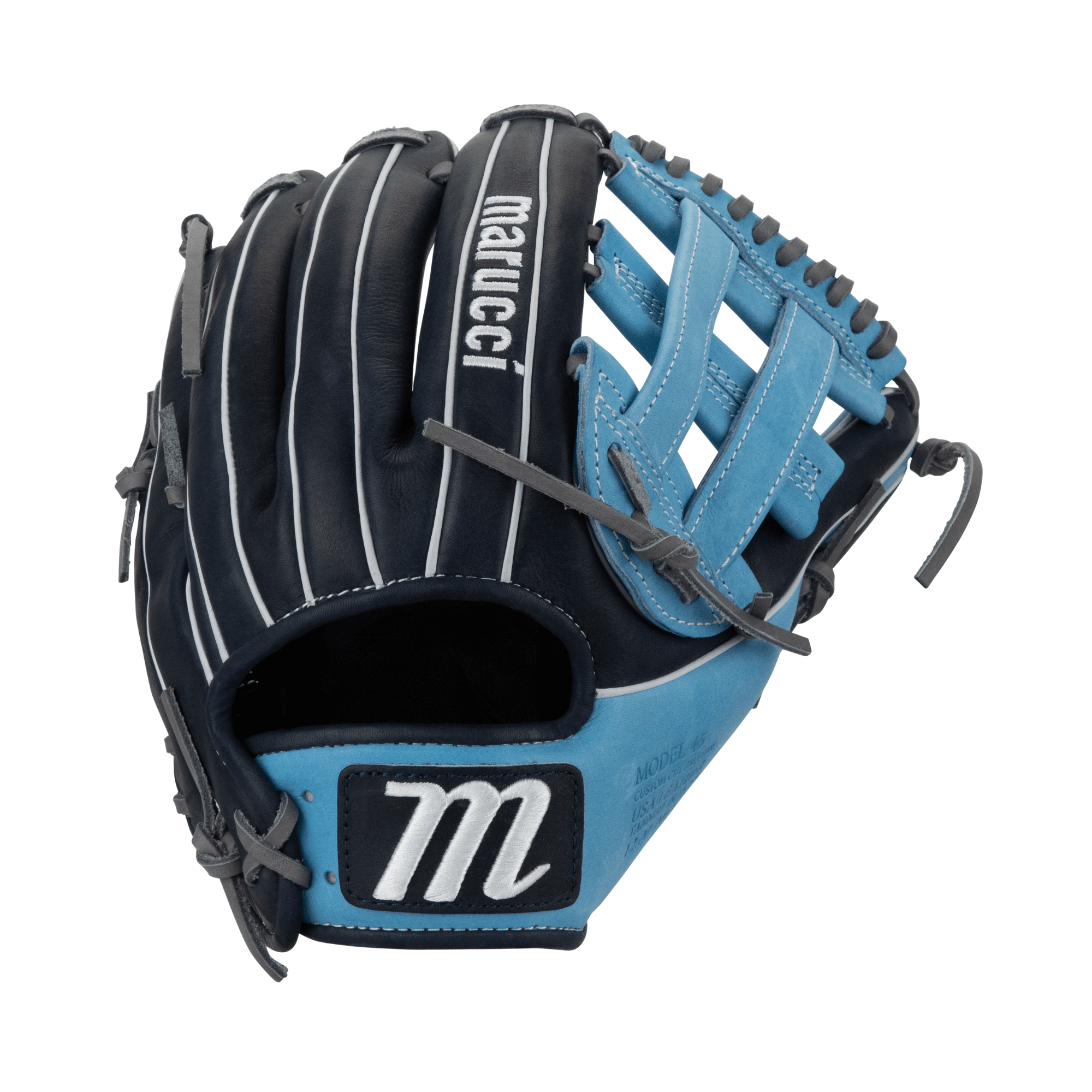 Marucci Cypress M Type 45A3 12" baseball glove in navy and cobalt blue with dual wide depth and premium leather.