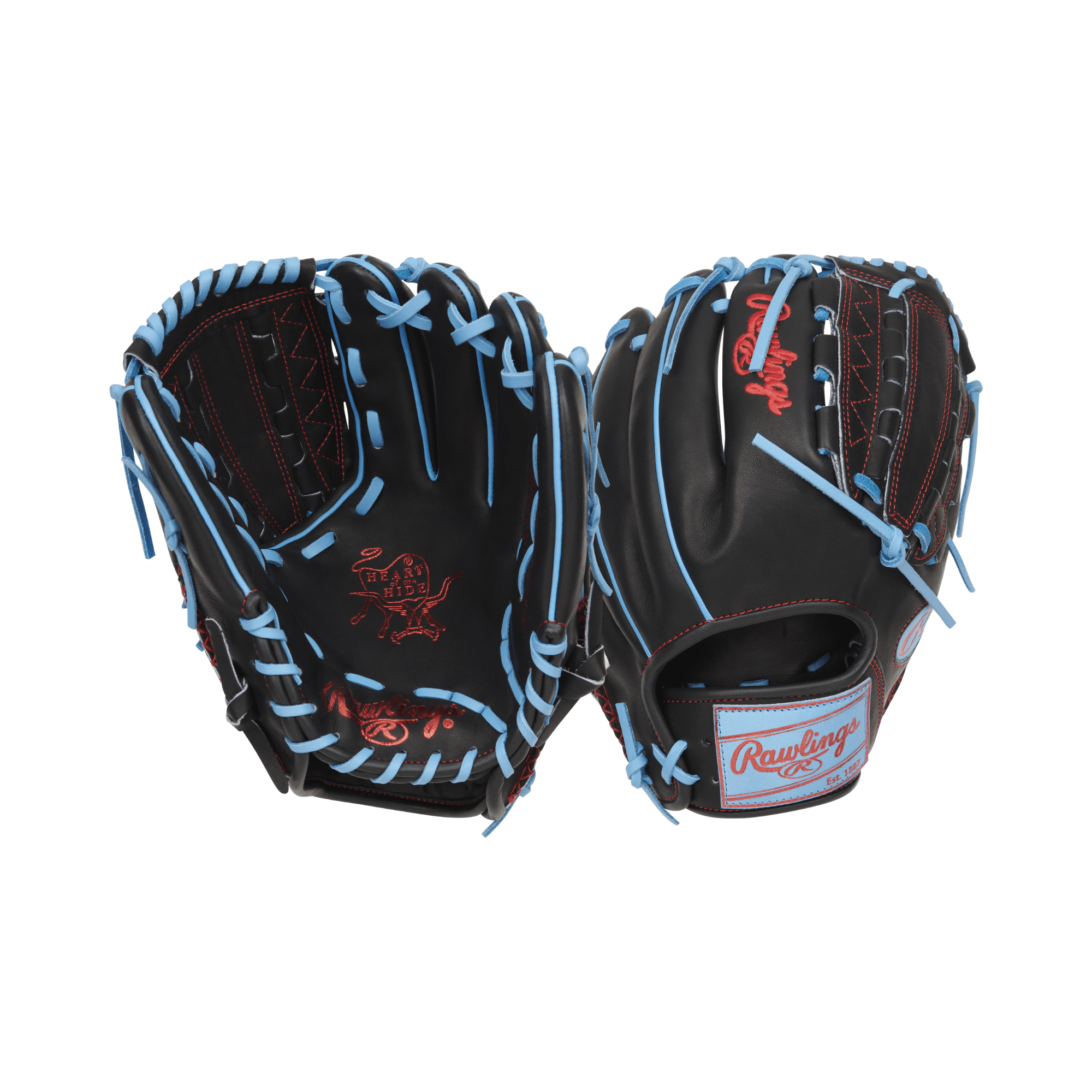 Rawlings Heart Of the Hide Color Sync 8.0 baseball glove in black and blue, 11.75 inches, designed for infield and pitchers.