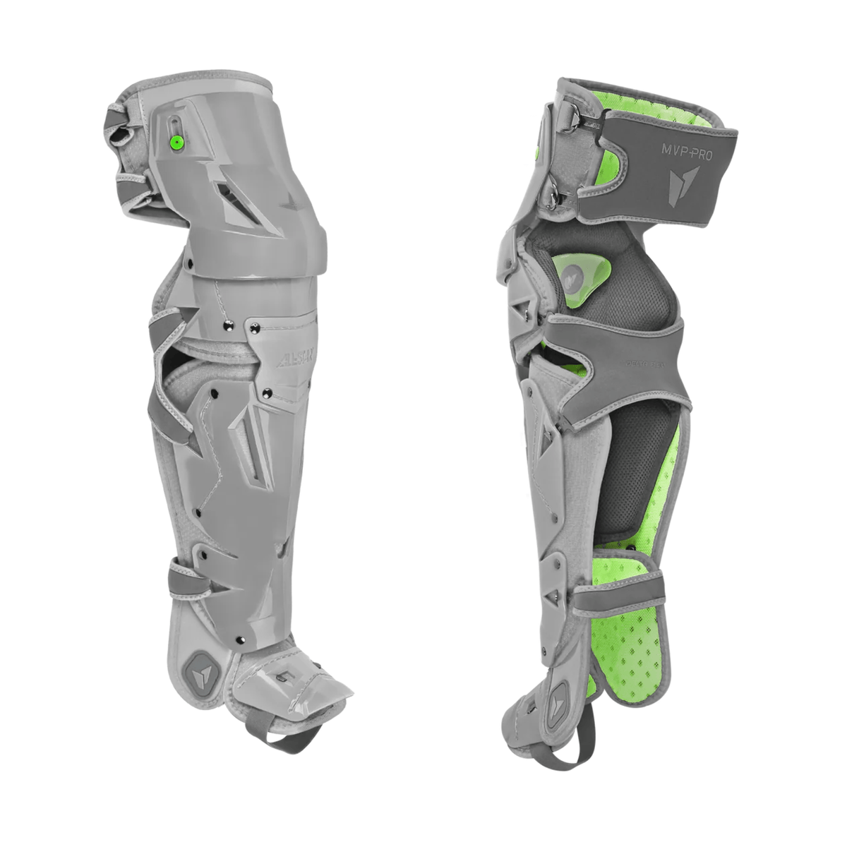 All-Star MVP-Pro Series Intermediate Catcher's Leg Guards in grey, front and side view showing knee protection and strap detail.