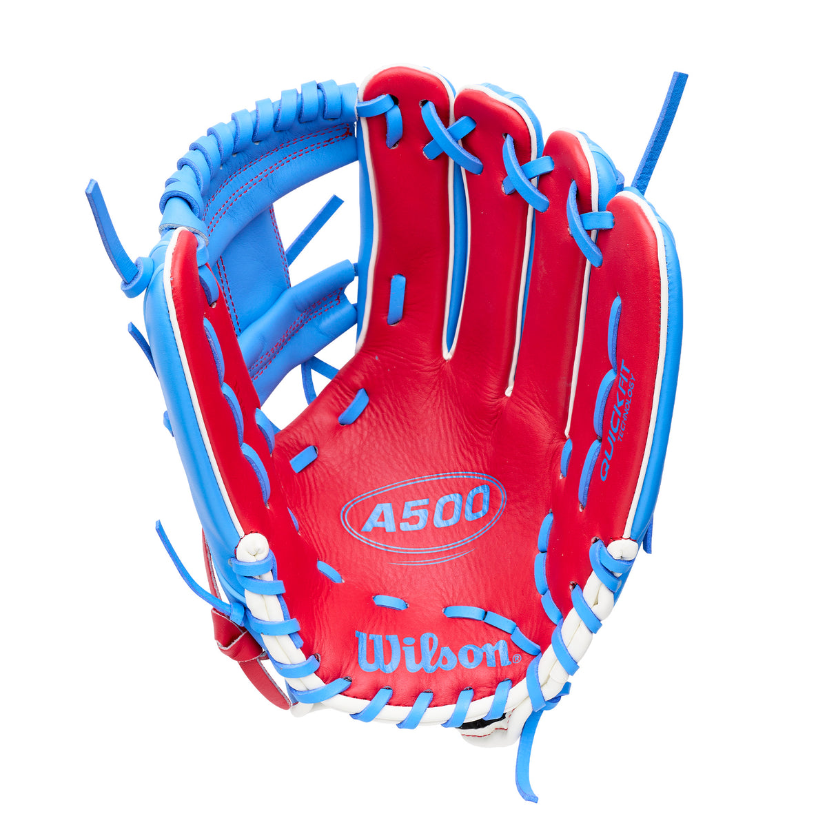 Wilson 2027 A500 11.5 Youth Infield LHT baseball glove in red and blue design for left-handed young players.