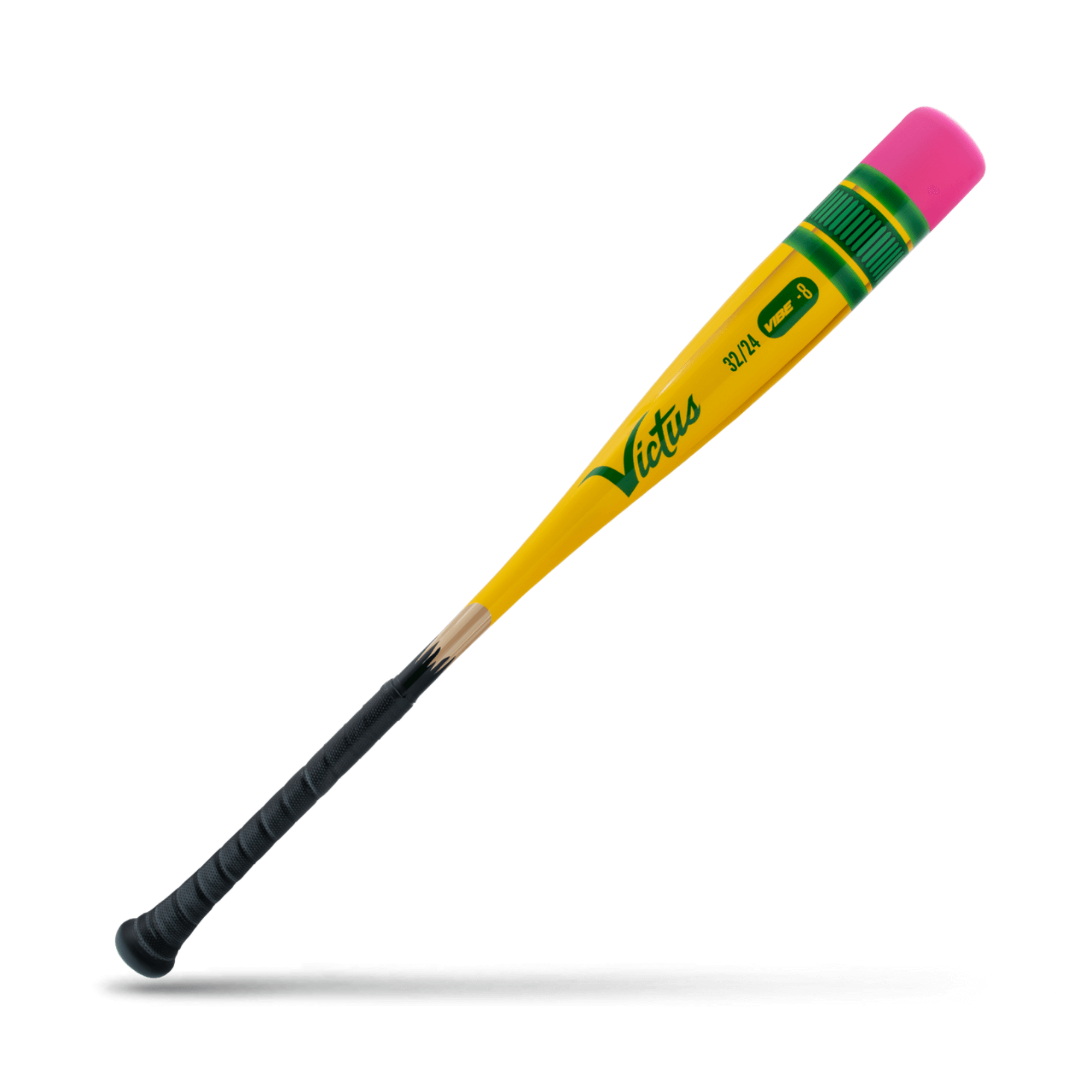 Victus Vibe Pencil -8 bat featuring a yellow design with pink and green accents, ideal for young baseball players.