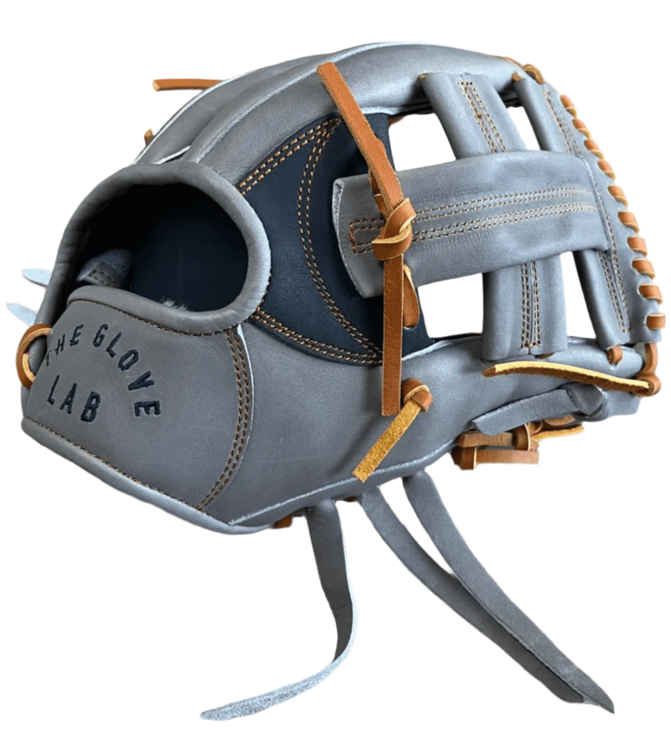 The Glove Lab 11.5" Single Post glove in grey/navy, crafted from Japanese tanned US Steerhide for superior performance.