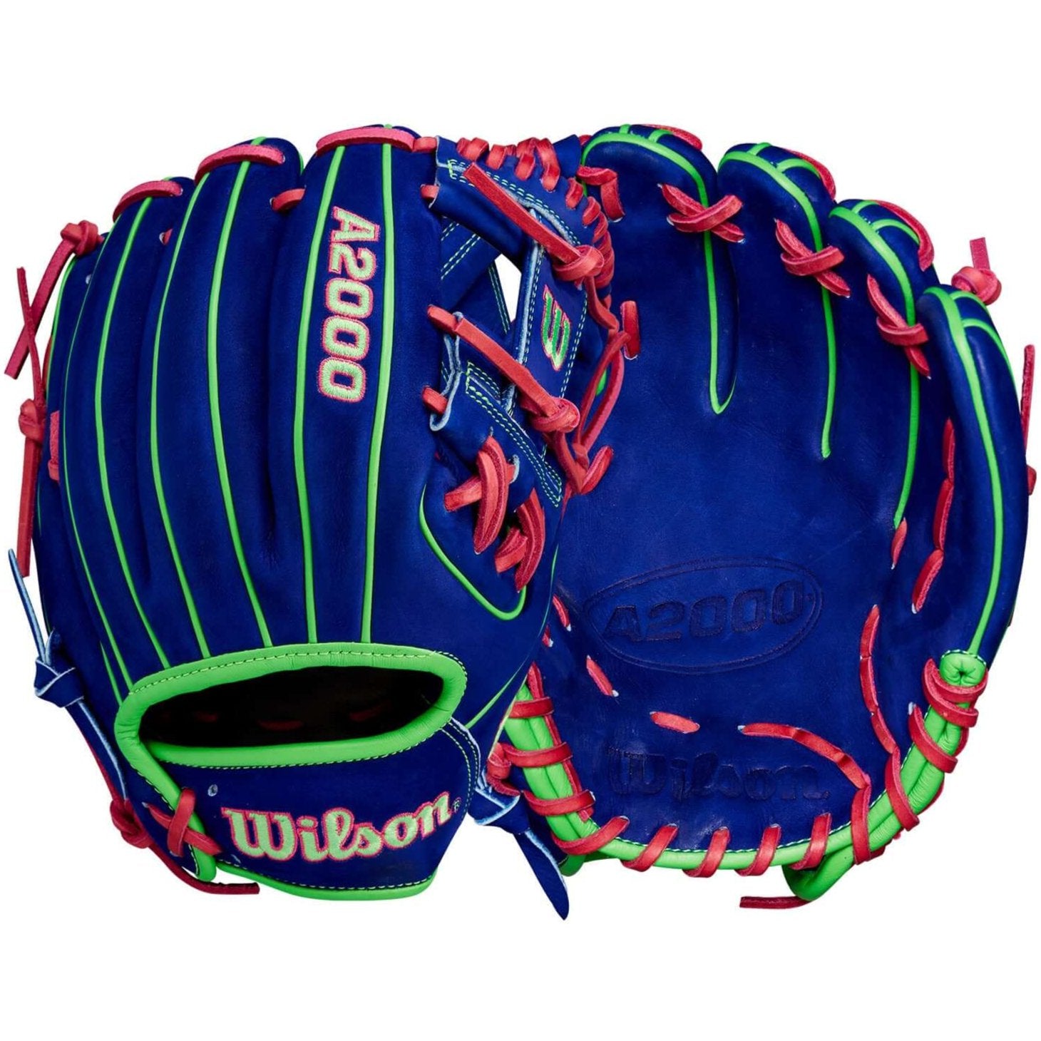 Wilson A2000 January 2024 Glove of the Month 11.5 Blue Velvet with Neon Green and Flamingo Pink accents.