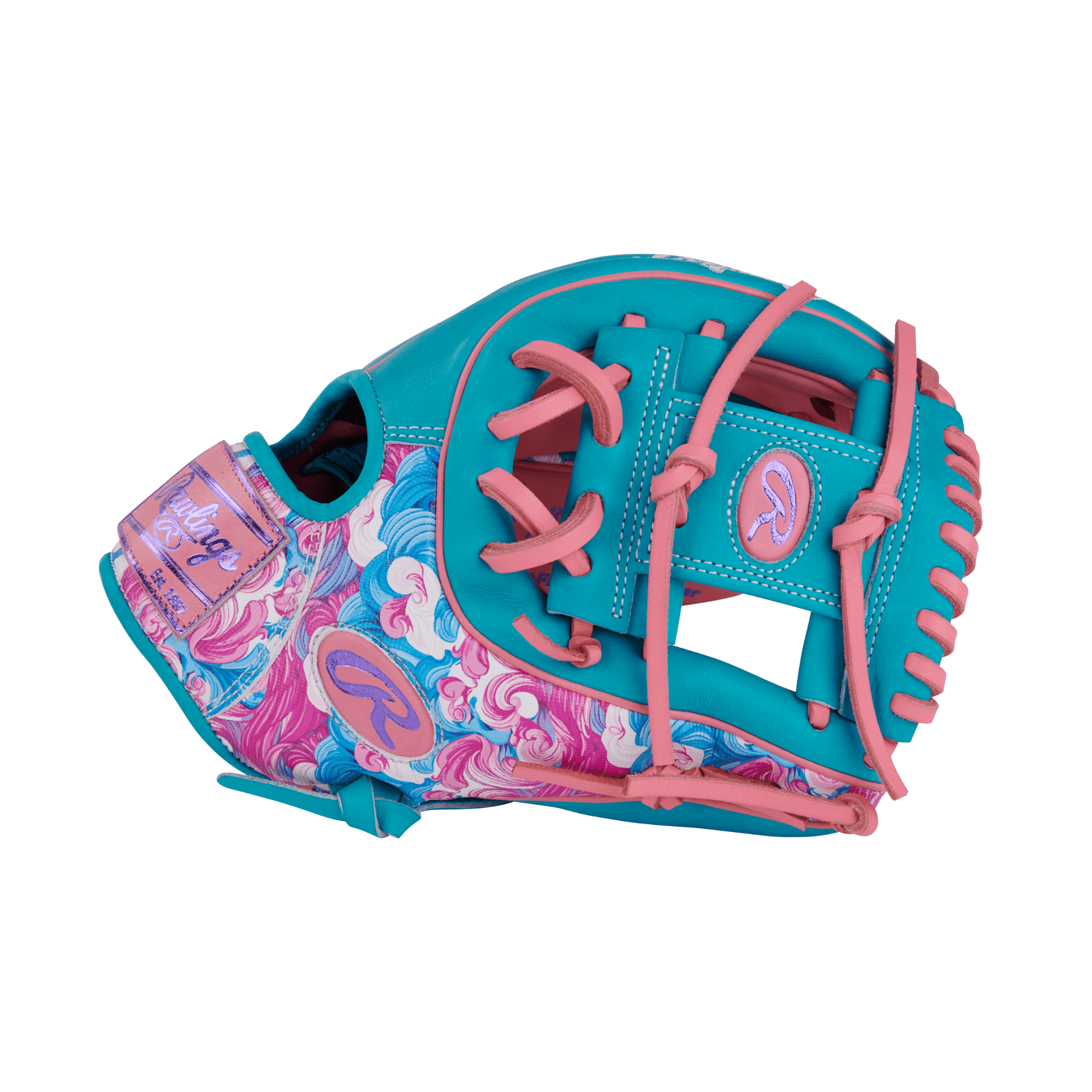 Side angle of the Rawlings PROR314-2PTE glove, showcasing thumb reinforcement and professional-grade leather construction for enhanced stability.