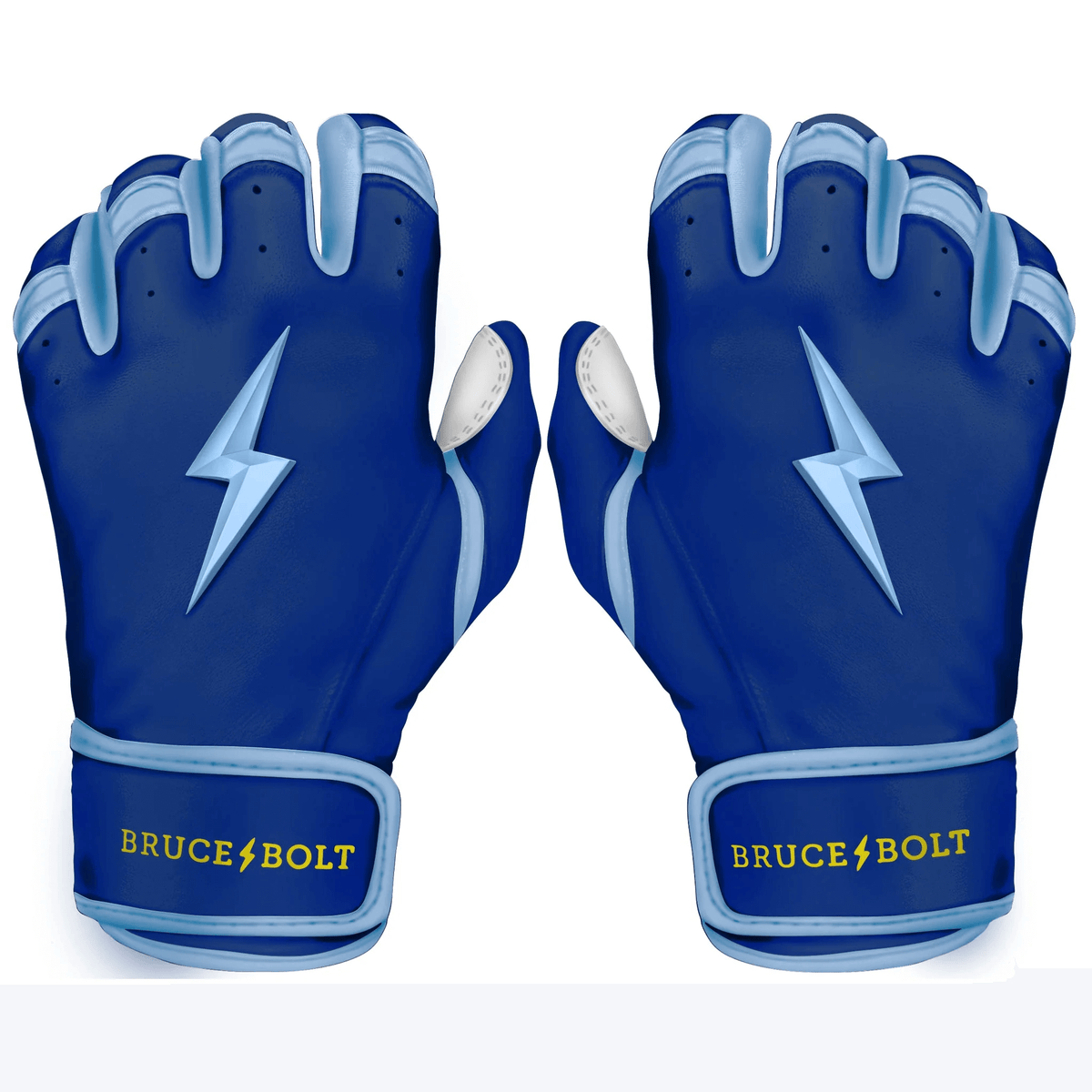 Bruce Bolt Premium Pro Phillips Series Short Cuff Batting Gloves backhand view featuring navy and light blue colors with logo.