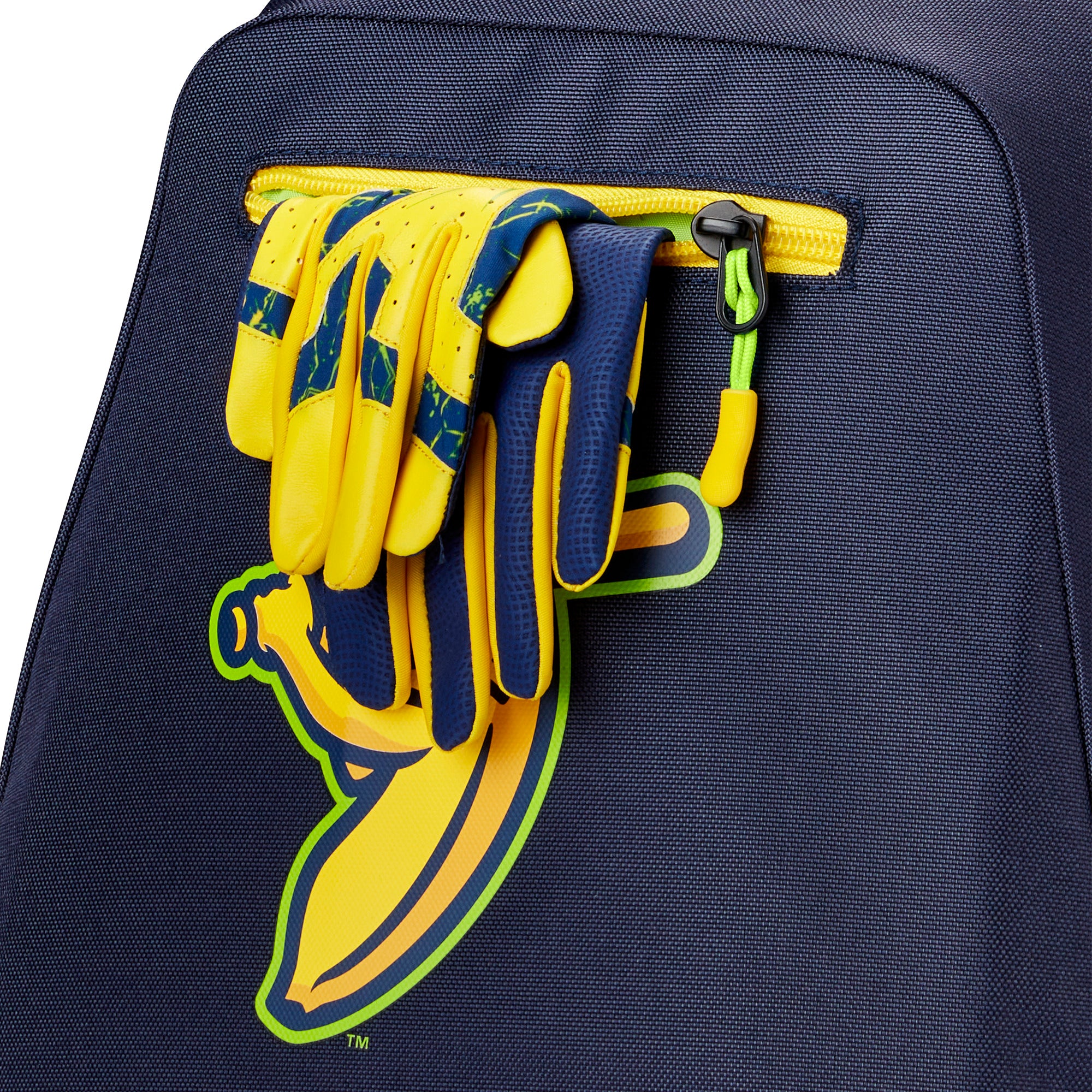 Close-up pocket of Louisville Slugger Bananas Stick Pack holding batting gloves secure storage