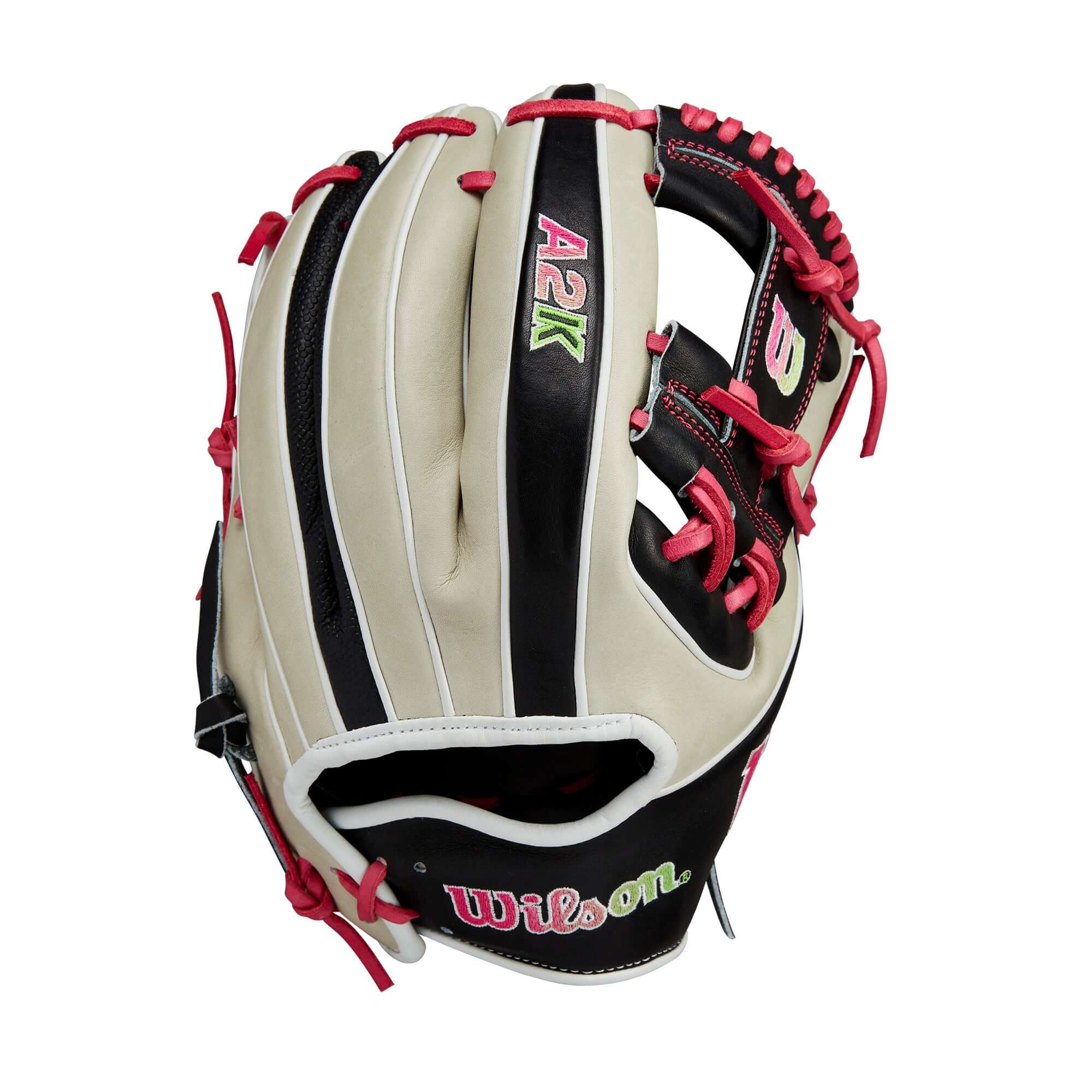 Wilson A2K 1724 11.75" glove in black, silver, and pink with custom Savannah Party Animals™ logos.
