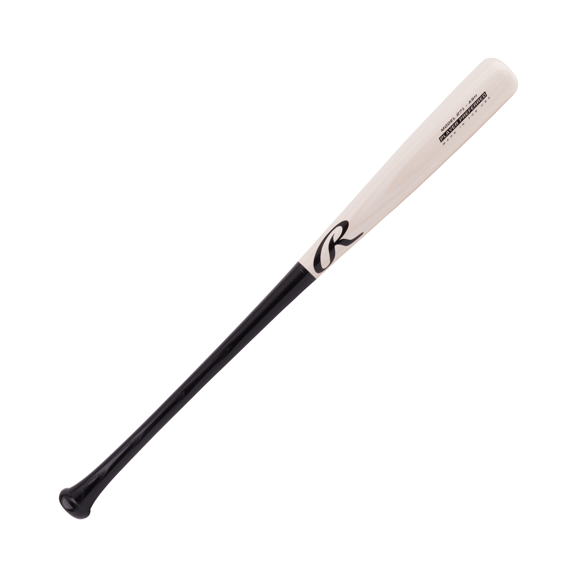 Rawlings Player Preferred 271 Ash wood bat with a pro-style white-wash and black design, promoting a lightweight feel.