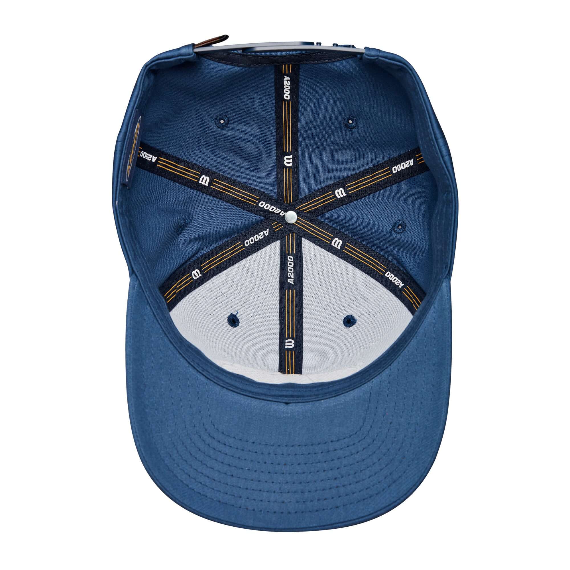 Inside view of the Wilson 1957 A2000 Snapback hat, showcasing the navy fabric and structured design.