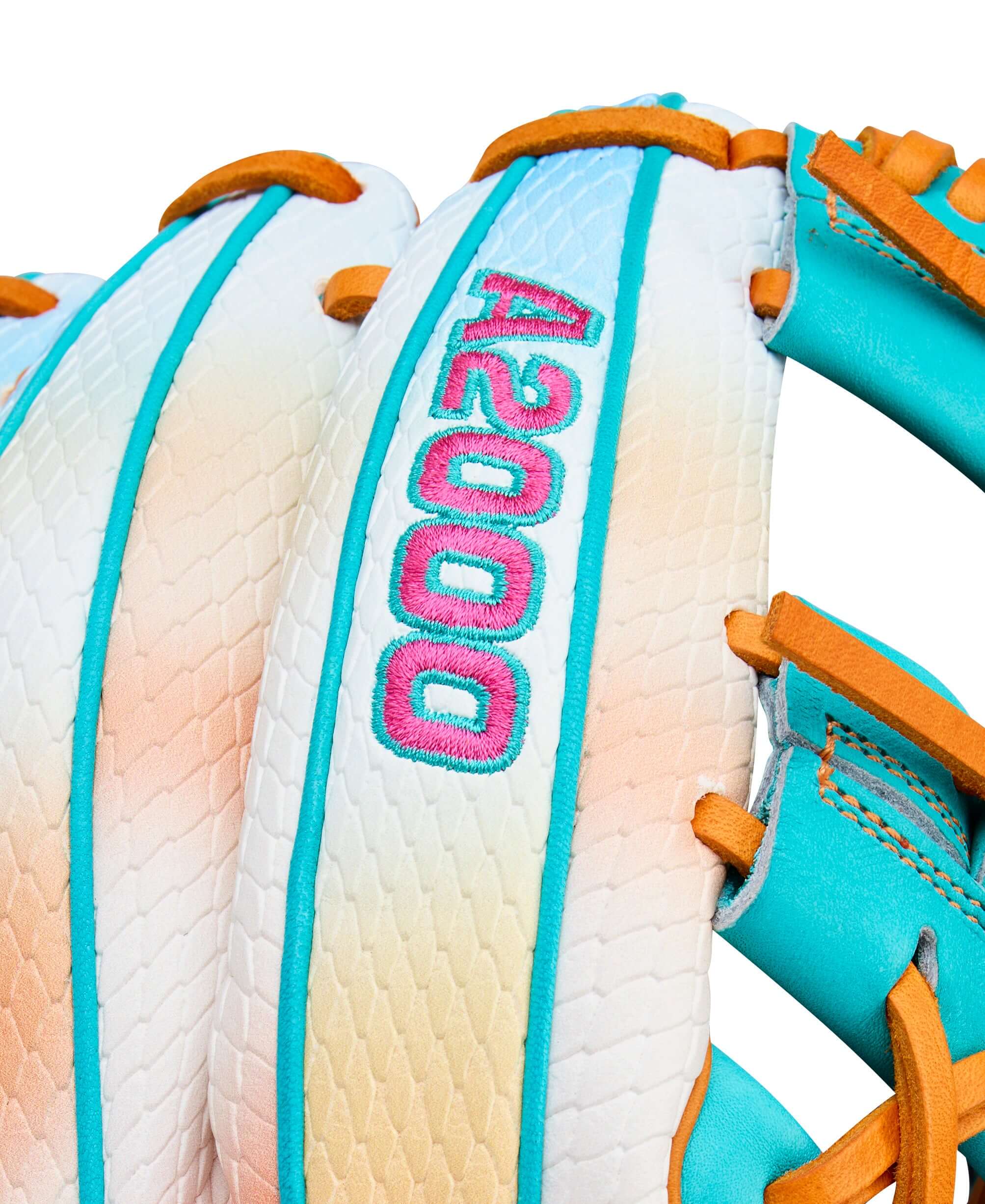 Close-up of the Wilson A2000 1975S baseball glove showcasing its colorful design and craftsmanship.