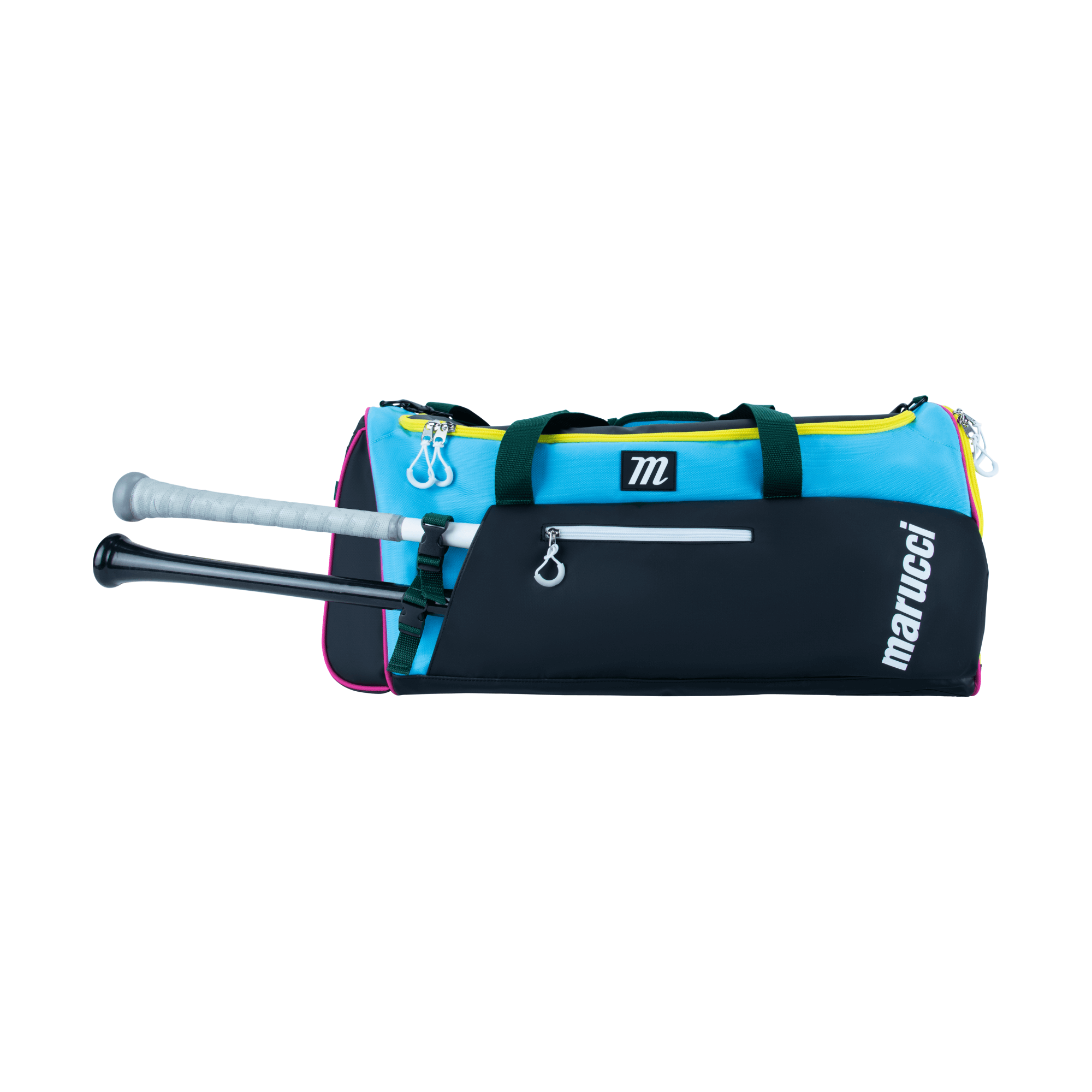 Marucci Pro Utility Duffel Bag V3 in Black, Teal, and Yellow with two bat sleeves and durable canvas material.