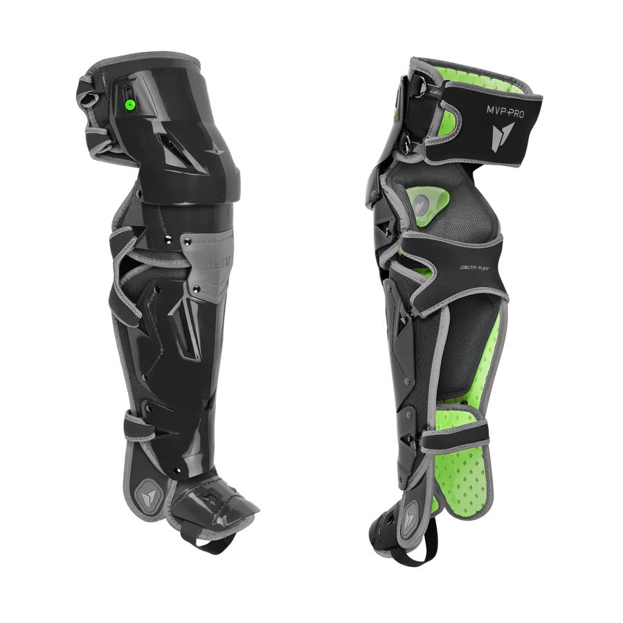 All-Star MVP-Pro Series Intermediate Catcher's Leg Guards showcasing flexible, specialized coverage for catchers in 1KD stance.