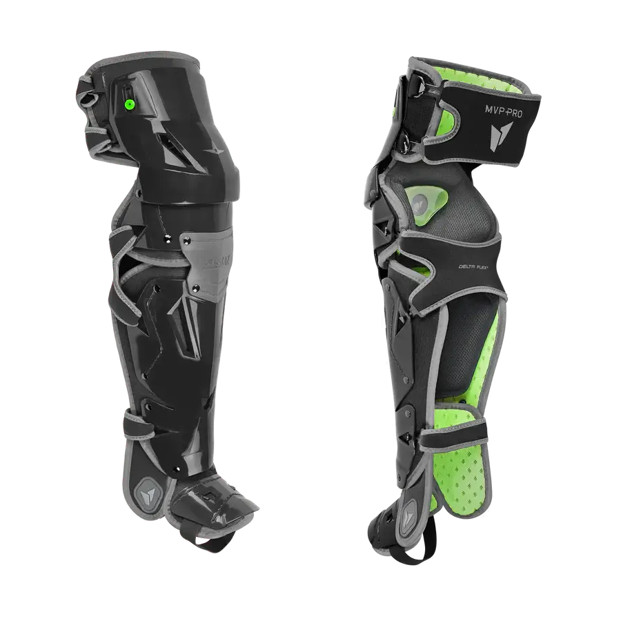 All-Star MVP-PRO™ Catcher Leg Guards Black/Black Small, side view showing exterior shield and interior padding