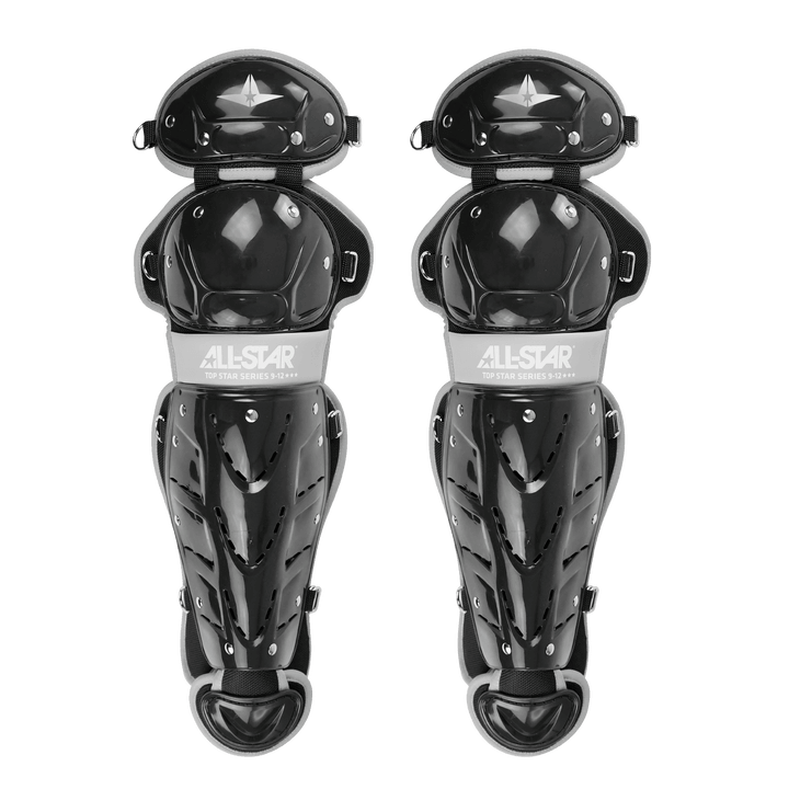 All-Star Top Star Catcher's Kit leg guards in black, designed for travel ball catchers aged 9-12, featuring adjustable padding.