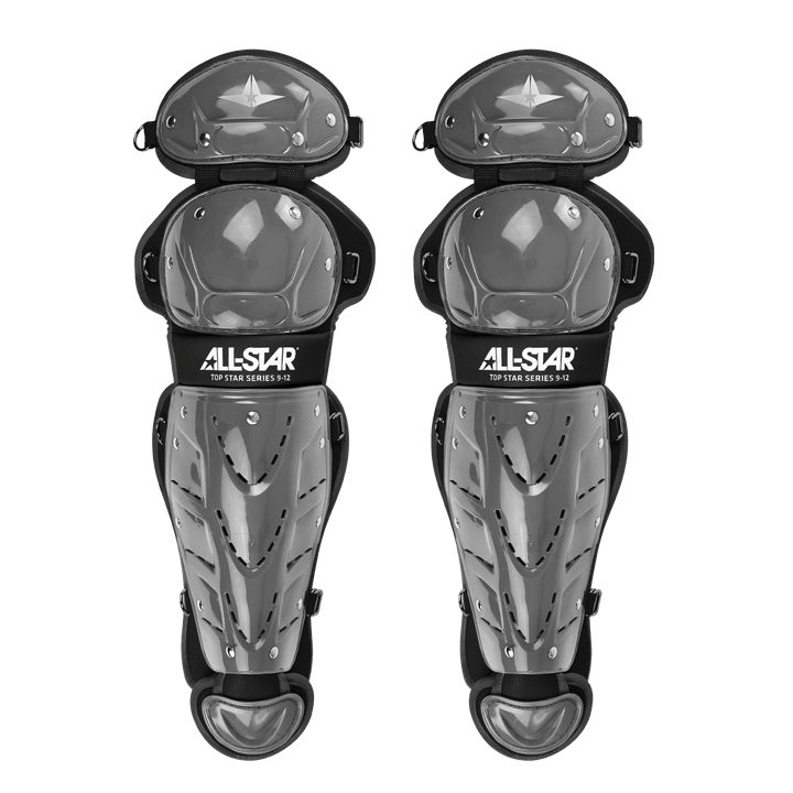 All-Star Top Star Catcher's leg guards for ages 9-12, featuring premium padding and adjustable design for enhanced protection.