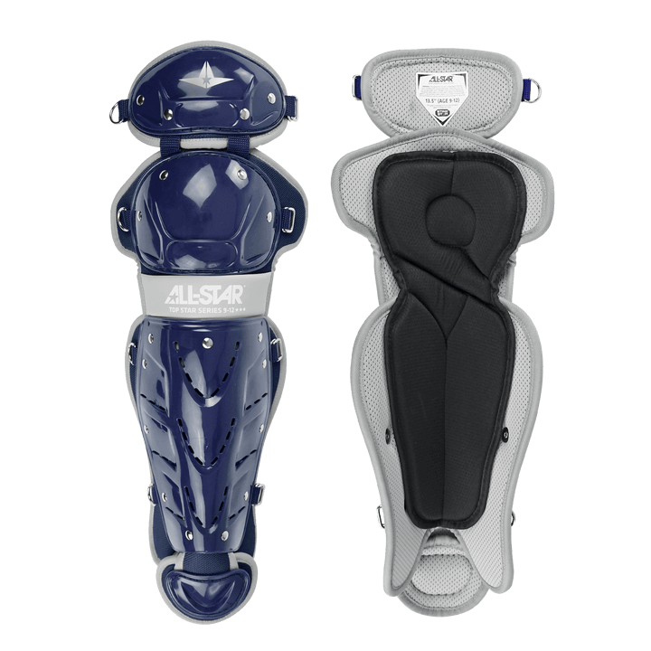 All-Star Top Star Catcher's Kit featuring navy chest protector and adjustable leg guards, designed for ages 9-12, NOCSAE approved.