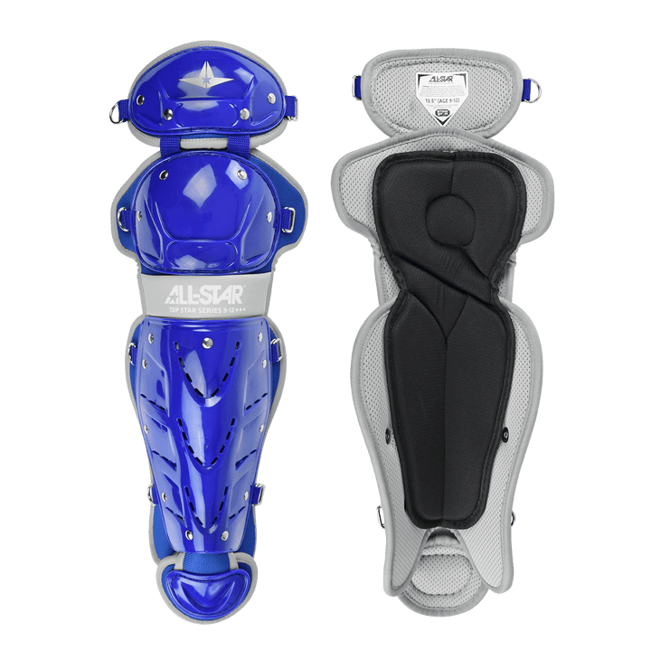 All-Star Top Star Catcher's Kit chest protector and groin protector in blue and gray, designed for ages 9-12, NOCSAE certified.