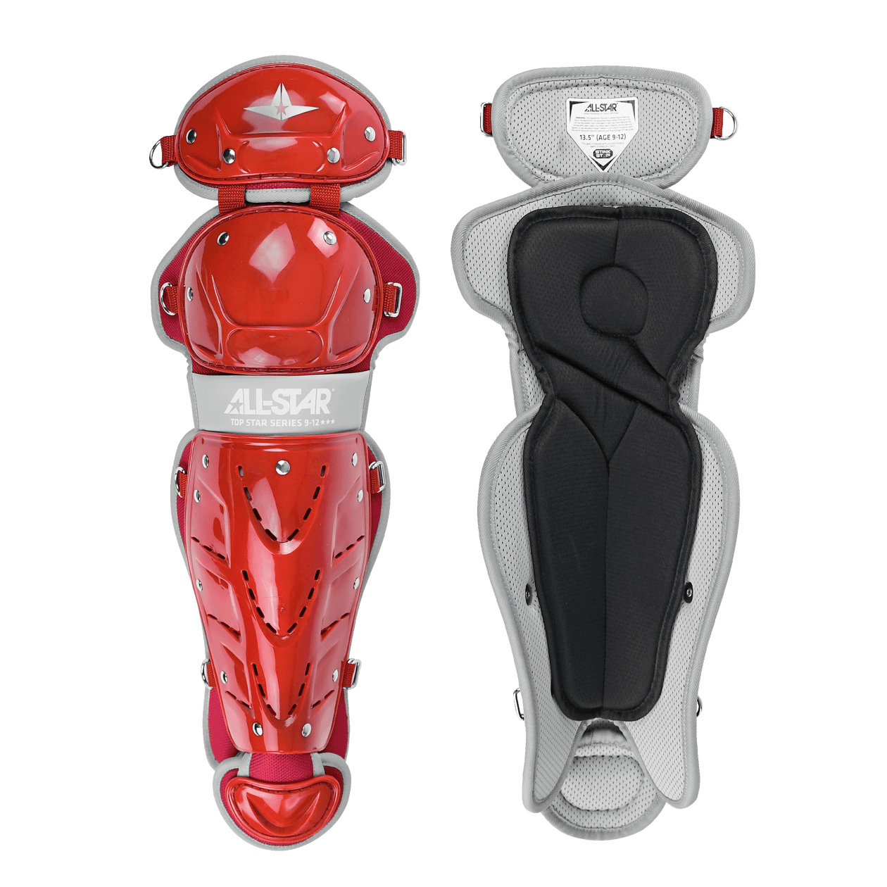 All-Star Top Star Catcher's Kit featuring red chest protector and black removable groin pad, NOCSAE certified for ages 9-12.