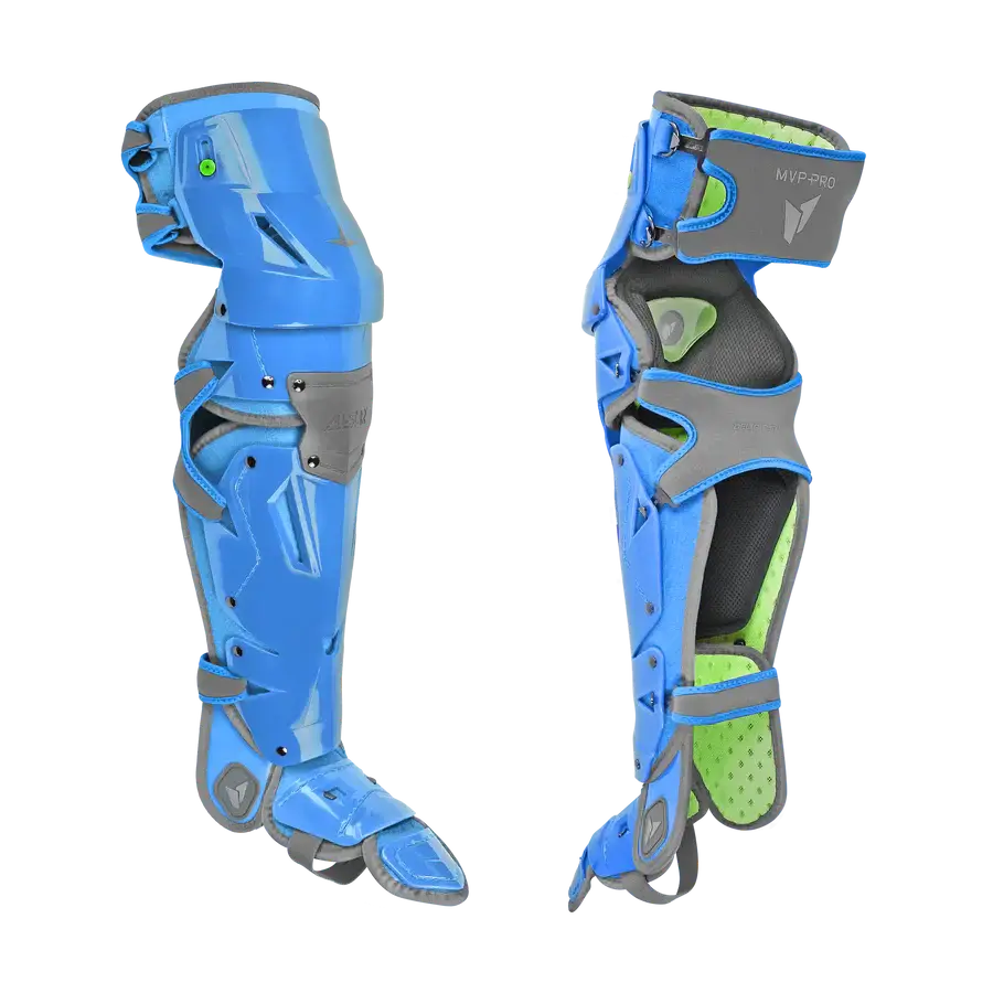 All-Star MVP PRO PHX FATHERS DAY PRO SERIES Medium leg guards, front and back view, blue color with black and green interior padding.