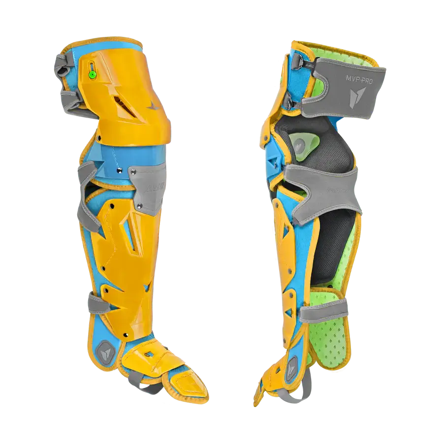 All-Star MVP-Pro Short Fuse Catcher's Kit leg guards, Boston Limited Edition, Sky Blue/Yellow, front and back view showing knee protection.