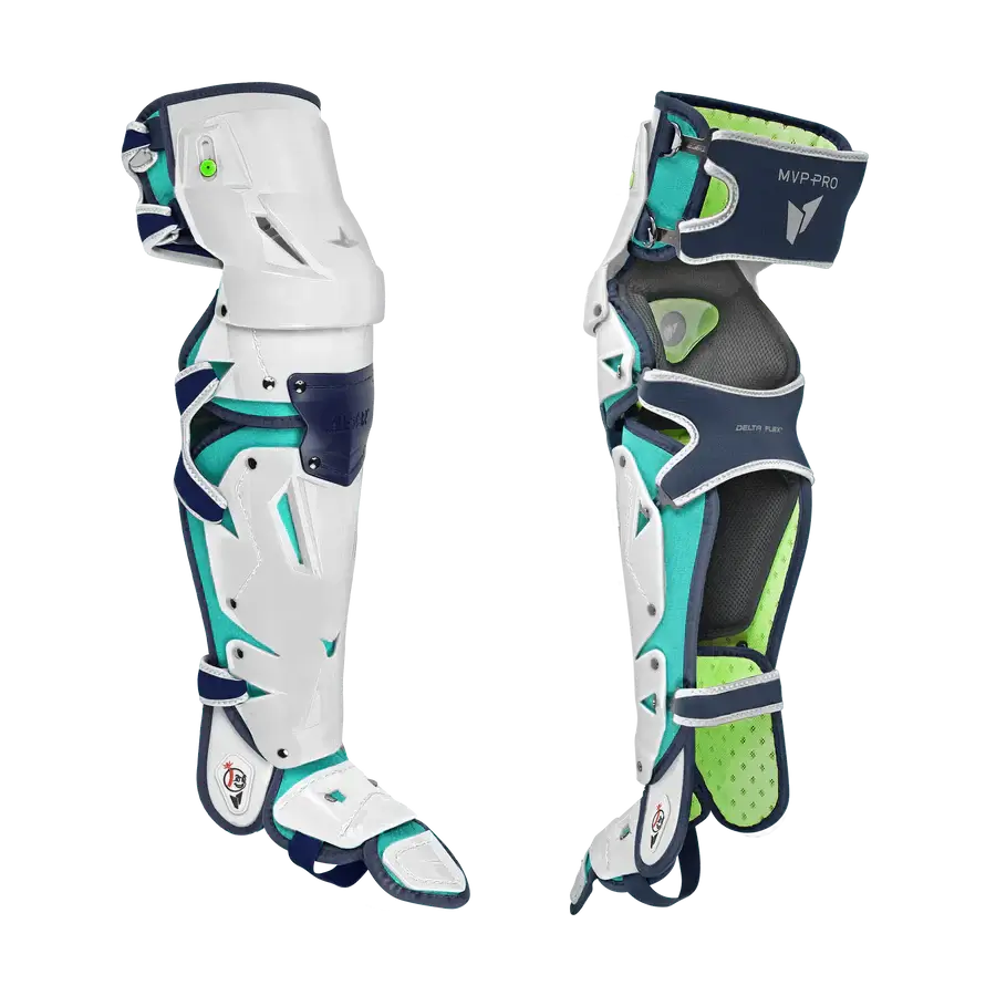 All-Star MVP-Pro Short Fuse Catcher's Kit New York Limited Edition Pinstripe adult leg guards, front and side view, white with blue accents.