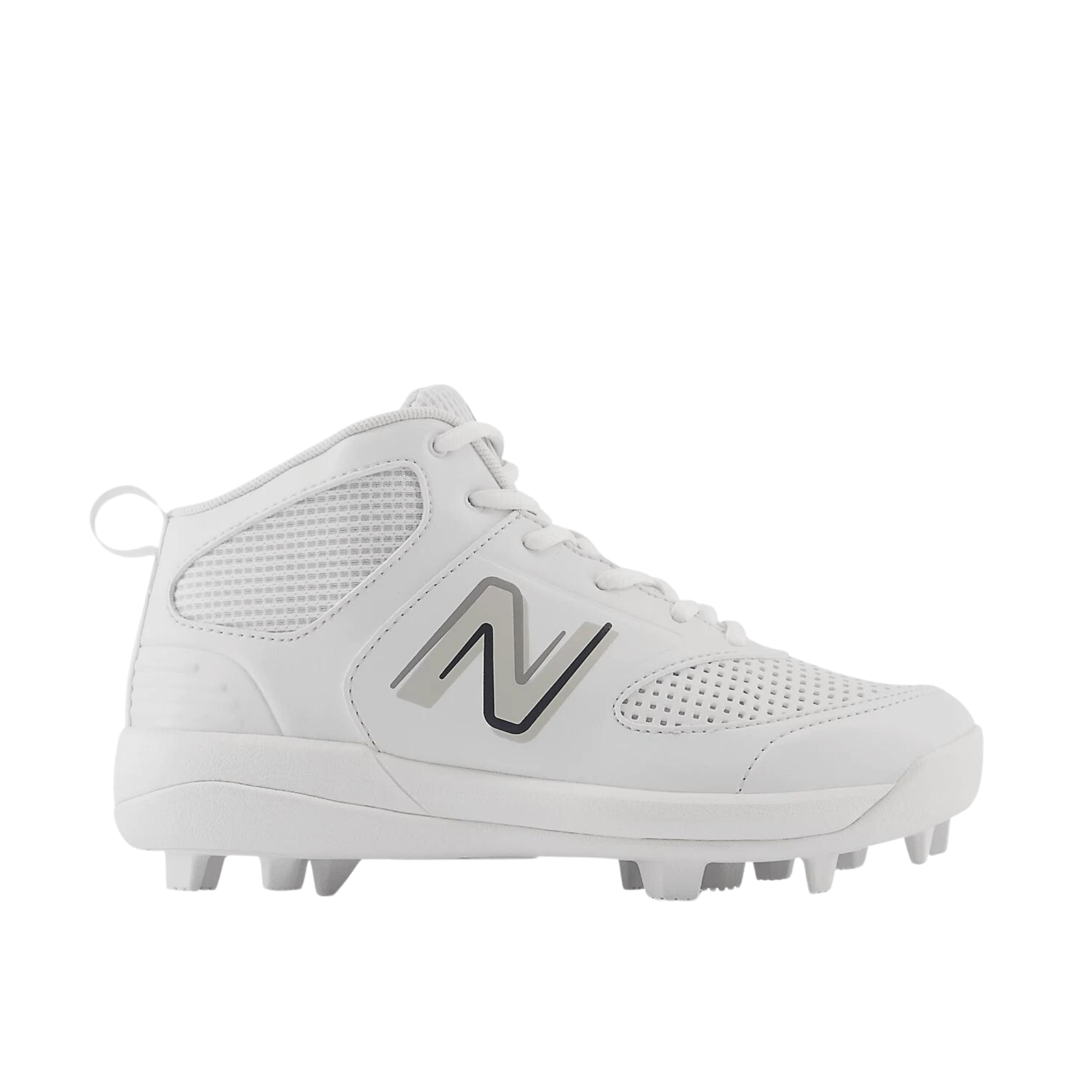 New Balance Kids' 3000 v6 white baseball cleats with mid-cut silhouette and rubber molded outsole.