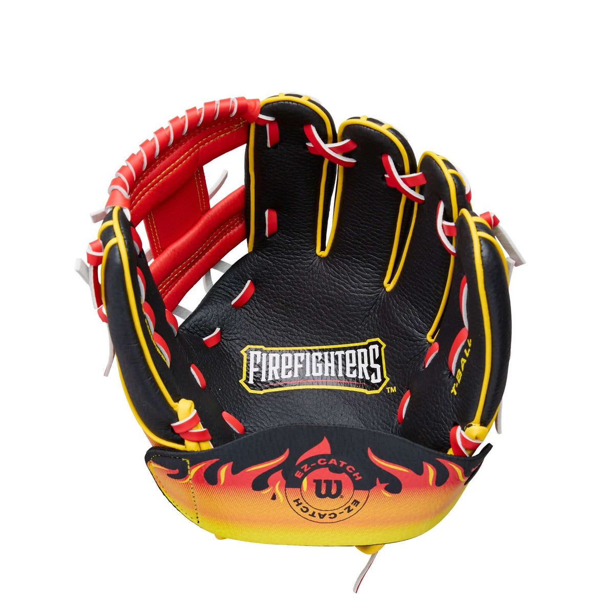 Palm view of Wilson 2026 A200 Firefighters Baseball Glove 10" Red/Black with yellow and red lacing, visible Firefighters logo