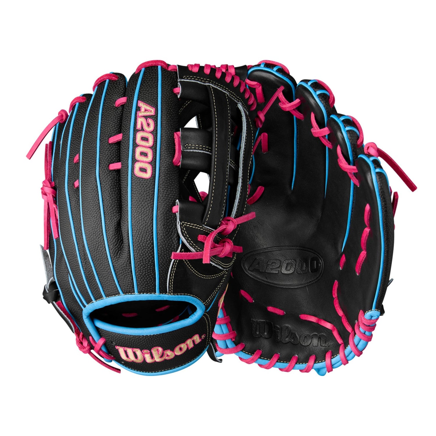 Back and palm view of Wilson A2000 1777SS 12.75'' Outfield Glove with black SuperSkin™ and Pro Stock® leather.