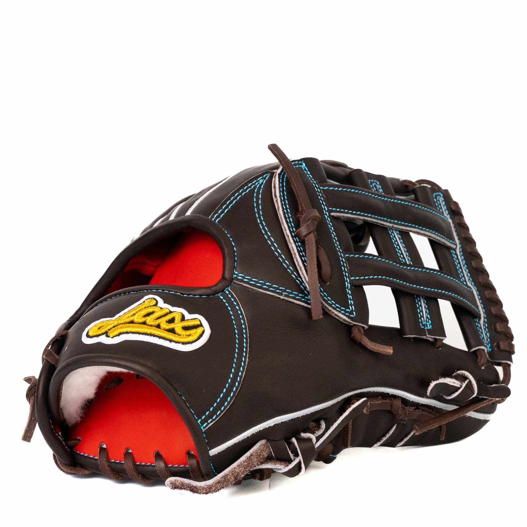 Jax LJ-10 outfield glove in chocolate color, featuring a deep pocket and blue stitching for enhanced ball control and agility.