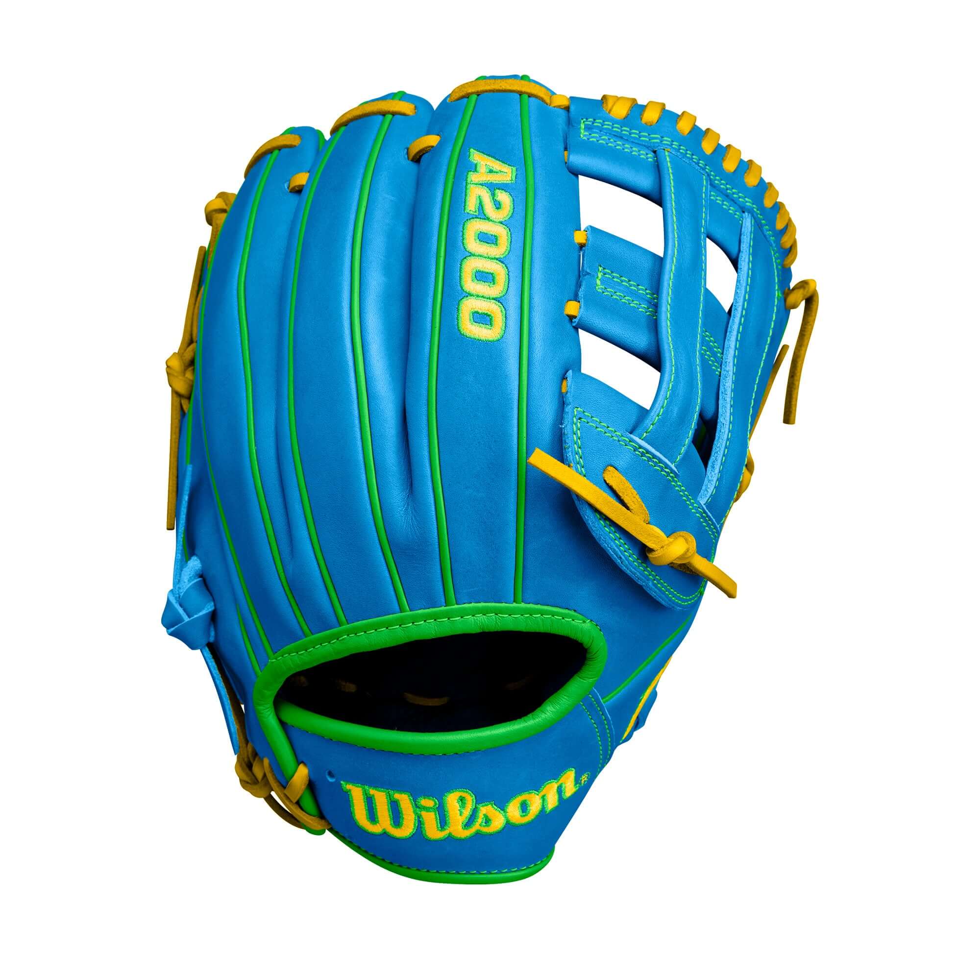 Wilson A2000 PP05 Sky Blue and Optimum 11.5" baseball glove, showcasing vibrant colors and quality craftsmanship.