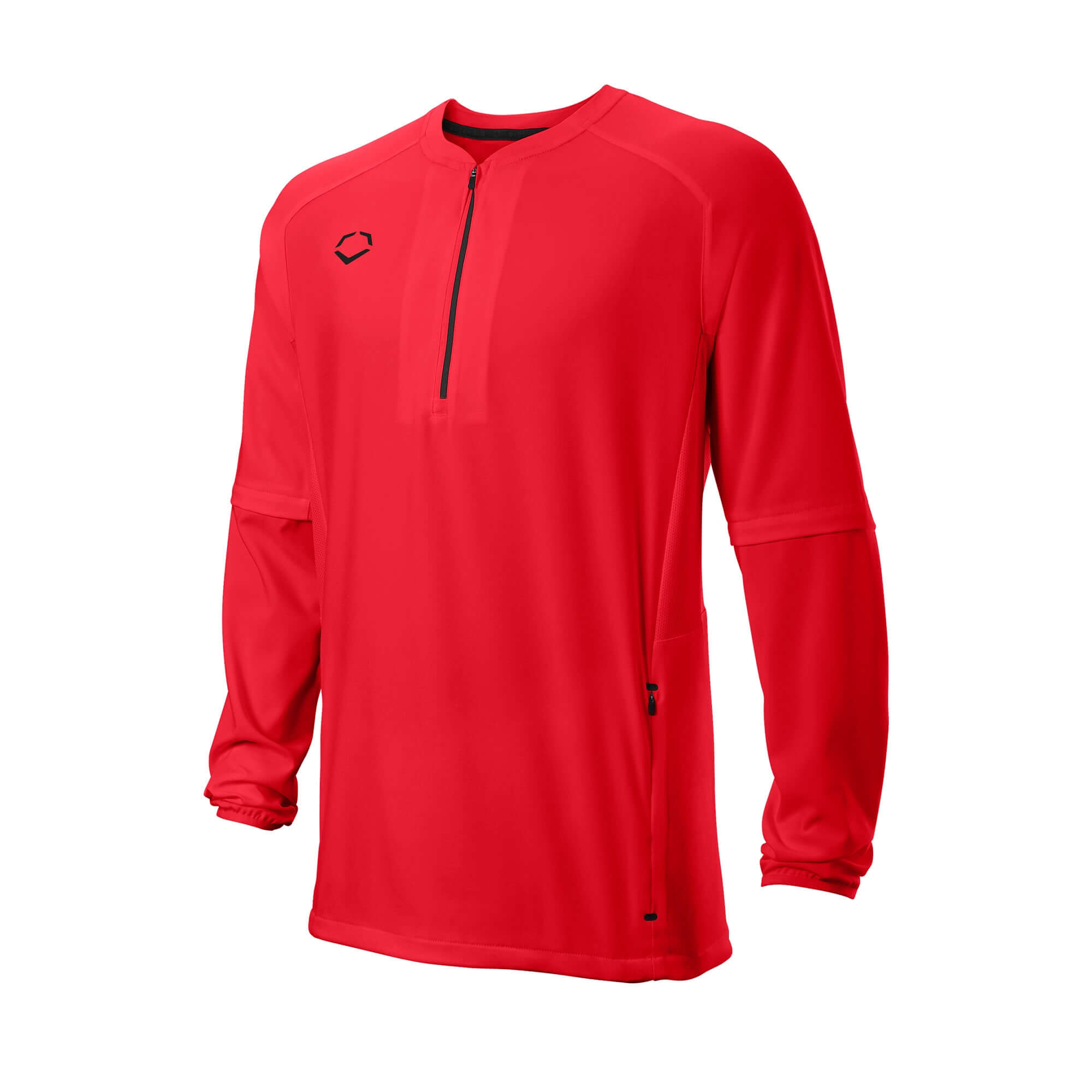 Front view of Evoshield Adult Long Sleeve BP Jacket Scarlet with removable sleeves and half-zip design.