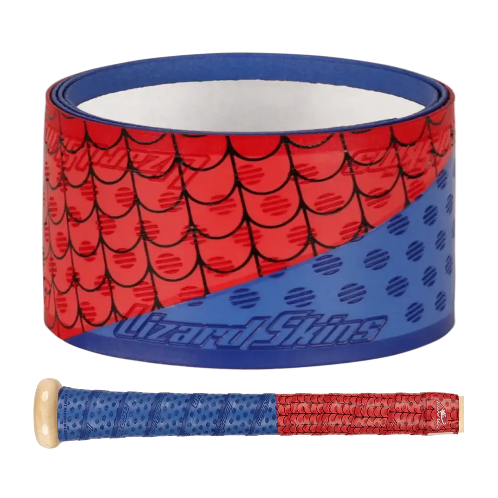 Lizard Skins DSP Ulta Bat Grip - Friendly Crawler in vibrant red and blue design, showcasing premium adhesive texture.