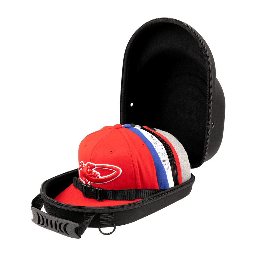 Lizard Skins Hat Guardian in Jet Black with a red cap stored inside, showcasing its crush-resistant design.