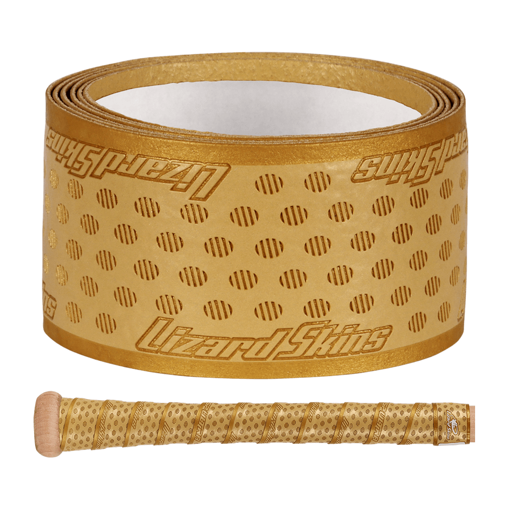 Lizard Skins DSP Ultra Bat Grip - 1.1 mm, gold color, showing front view with oval pattern and logo detail.