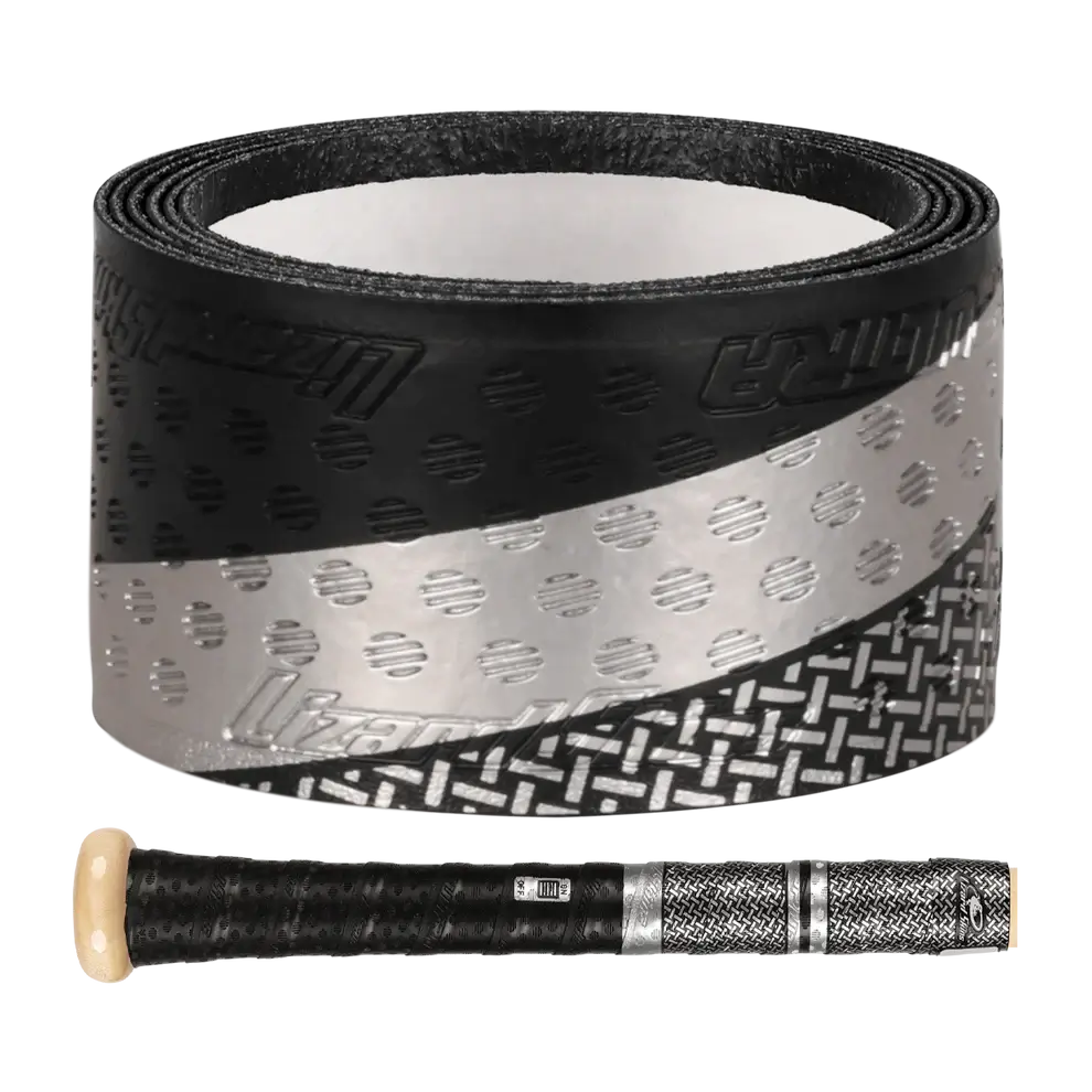 Lizard Skins DSP Ulta Bat Grip in Mic Drop style, featuring black, silver, and textured patterns for optimal performance.