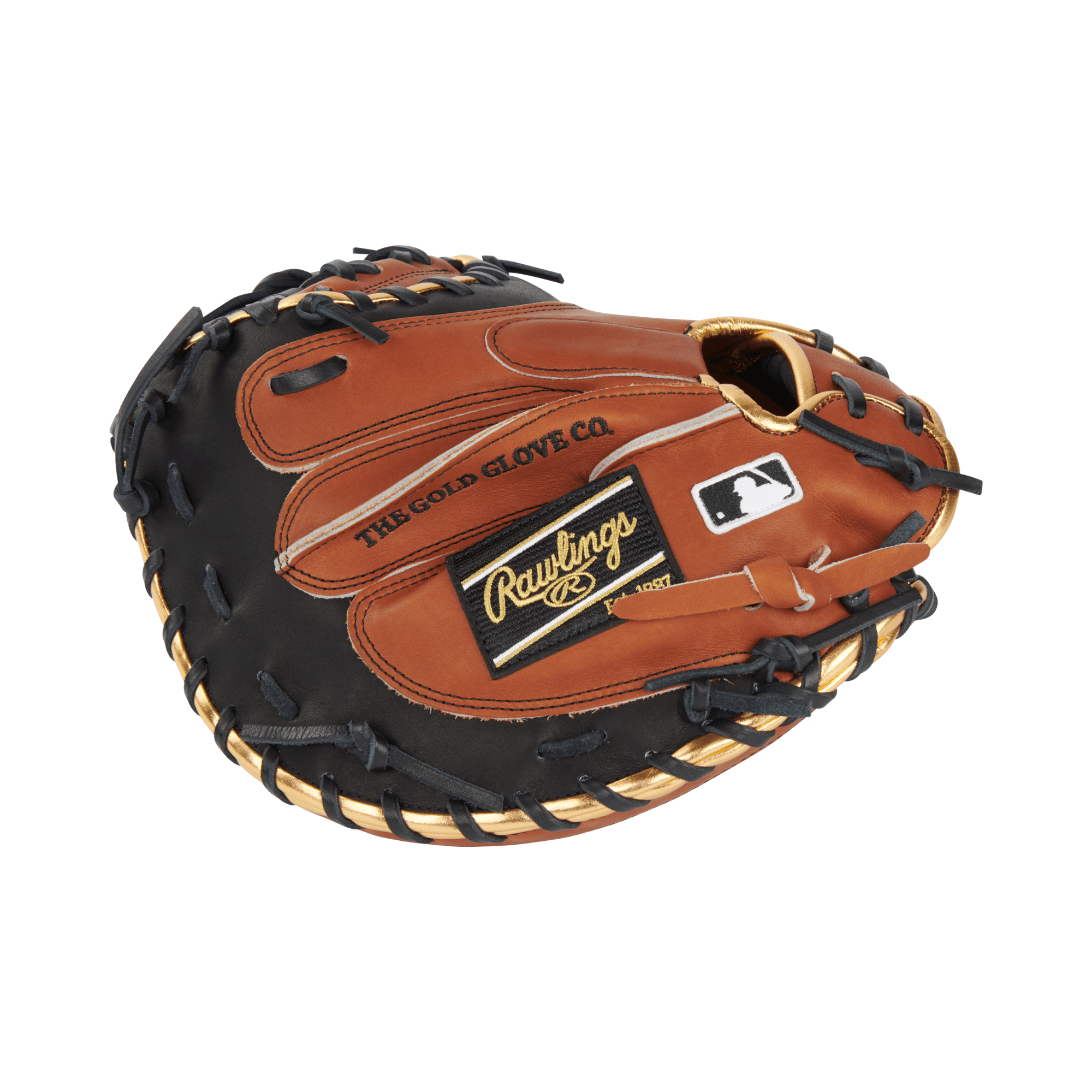 Rawlings Heart of the Hide Color Sync 8.0 catcher's mitt in black and brown with gold accents, 34 inches.