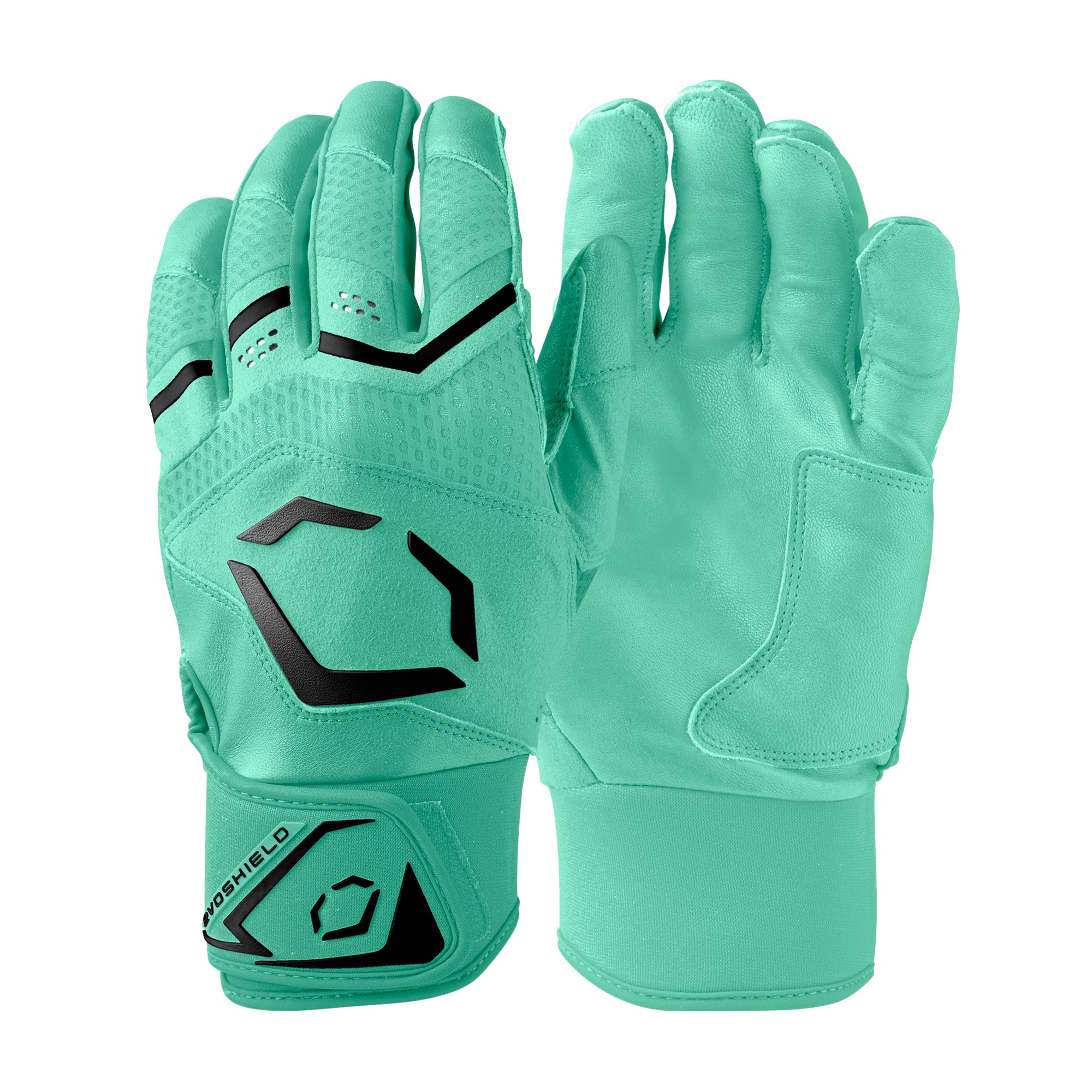 Evoshield Youth Carbyne Batting Gloves Seafoam front and back view with premium leather construction.