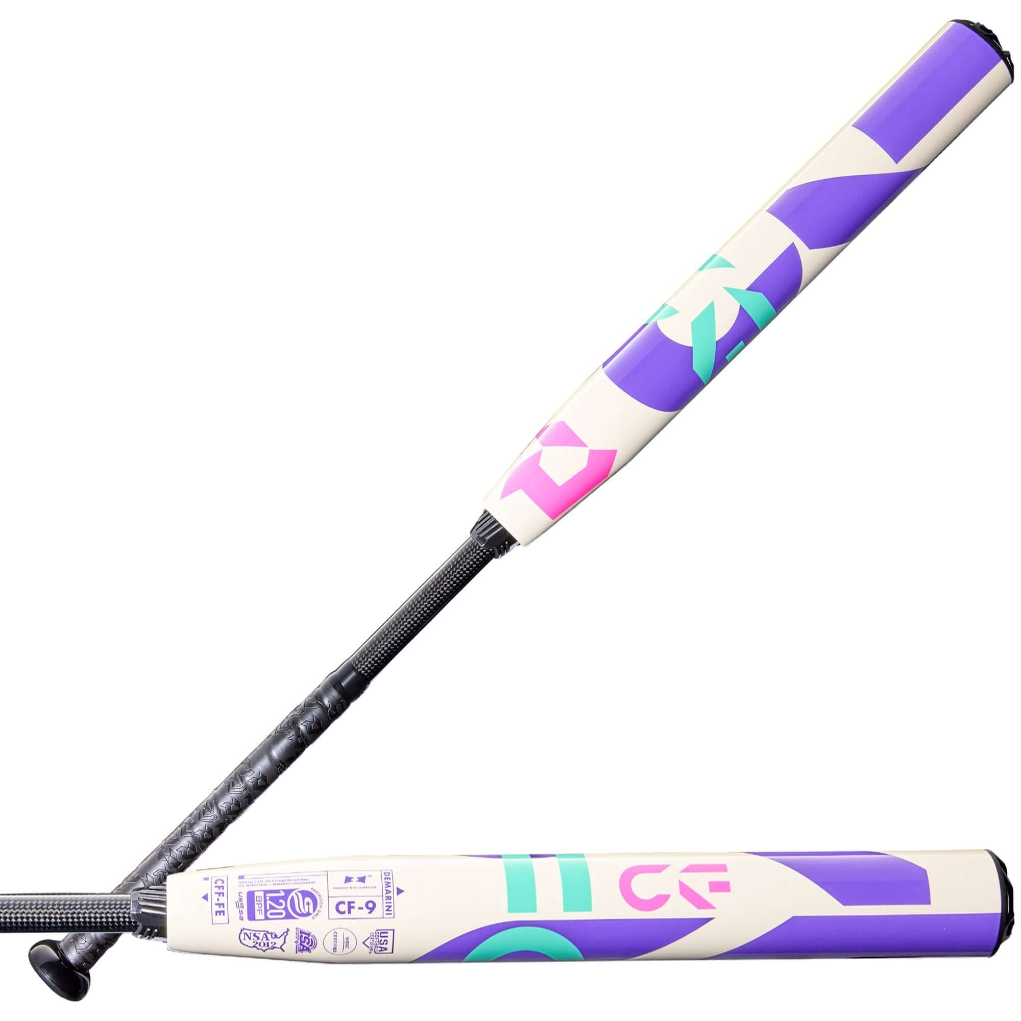 Side profile view of 2026 DeMarini CF FP FE (-9) Fastpitch Softball Bat with purple and teal graphics, visible grip and barrel.