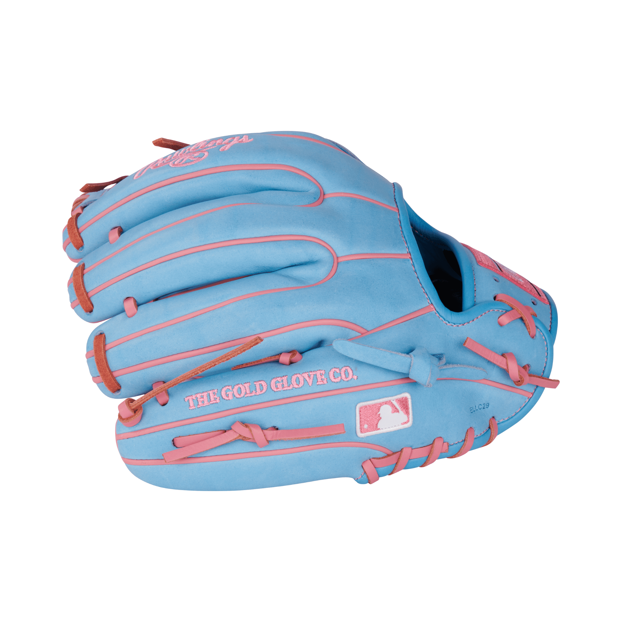 Rawlings Gold Glove Co. RGGC PRO934-2CBP infield glove in blue with pink accents, perfect for youth players.