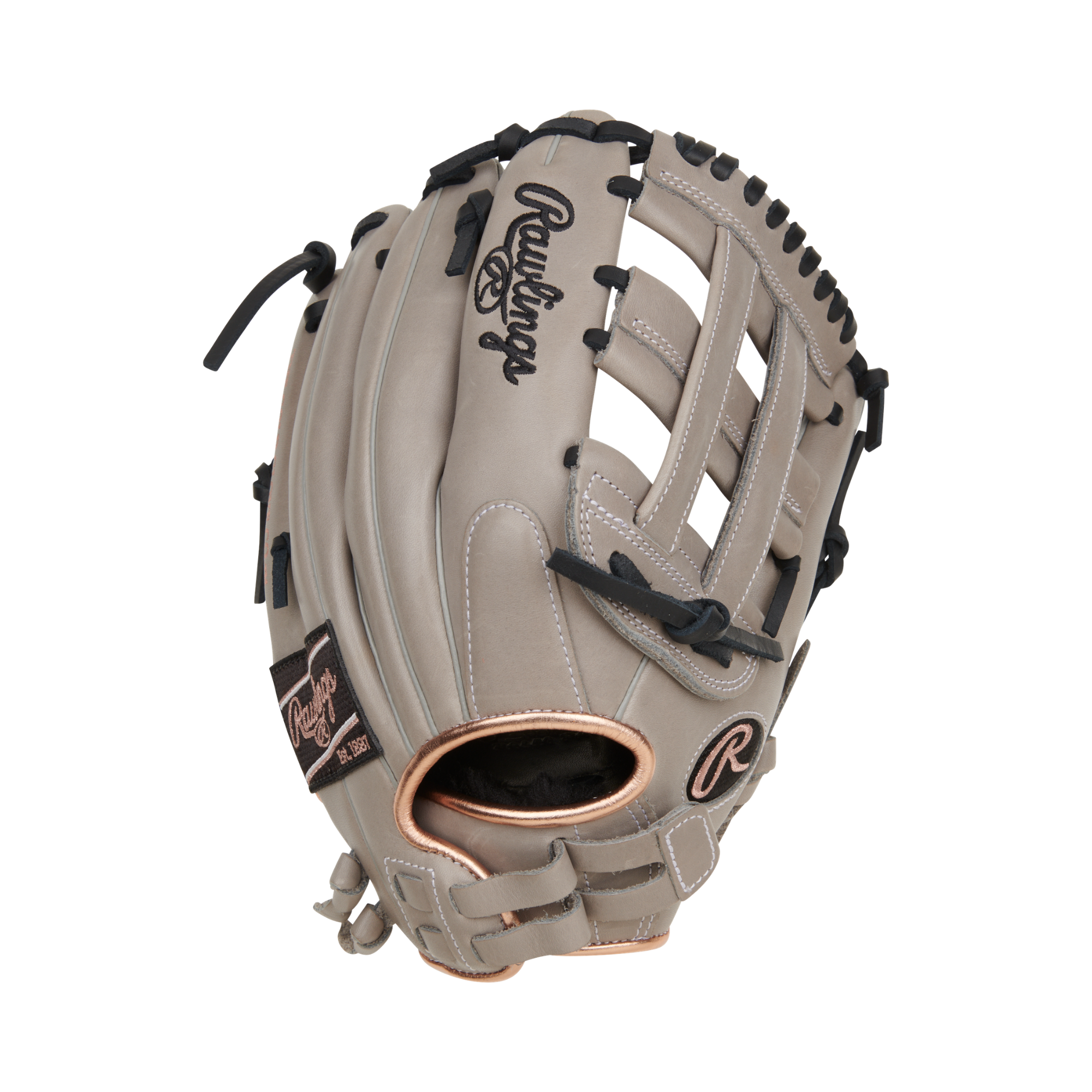 Back:
Rawlings R9 12-Inch Softball Glove back view pull strap gray rose gold fastpitch glove