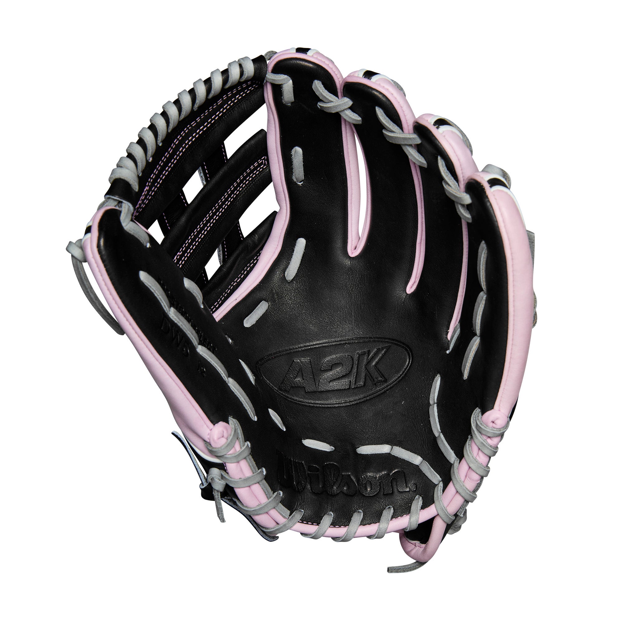 Palm view of the 12'' Wilson glove featuring Pro Stock® Select leather for premium feel and pocket stability.