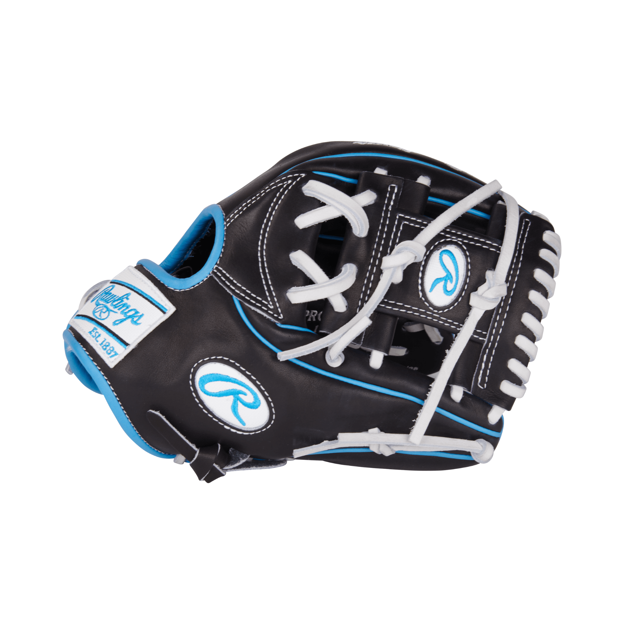 Rawlings Pro Preferred 12.5-inch RHT baseball glove featuring black and blue leather design for infield play.