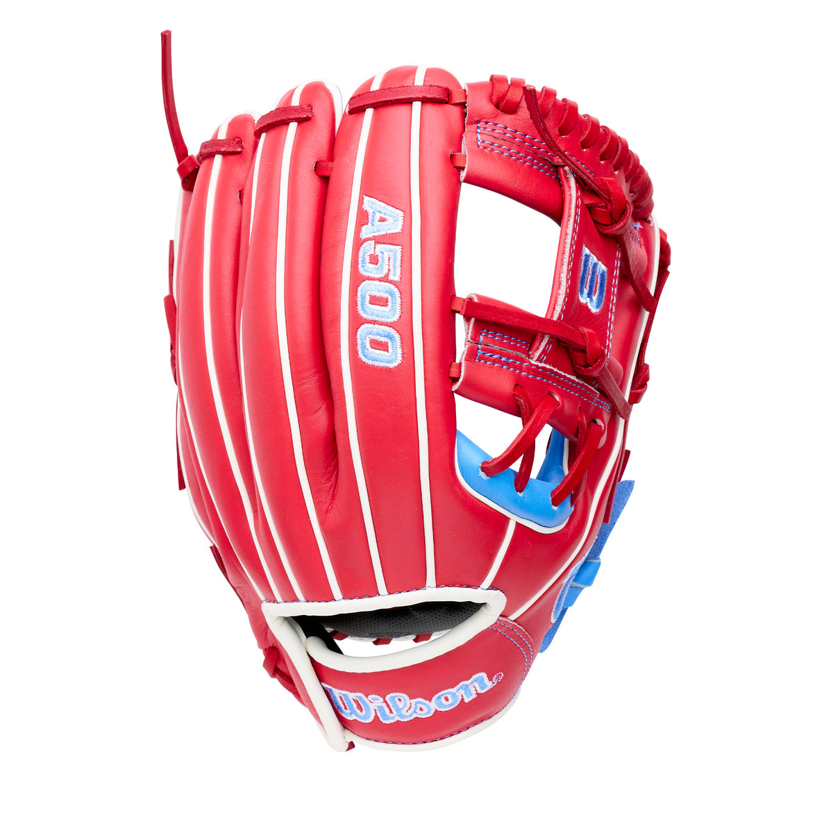 Wilson 2027 A500 11 inch youth infield baseball glove in red, ideal for young players aged 6-10, lightweight and easy to control.