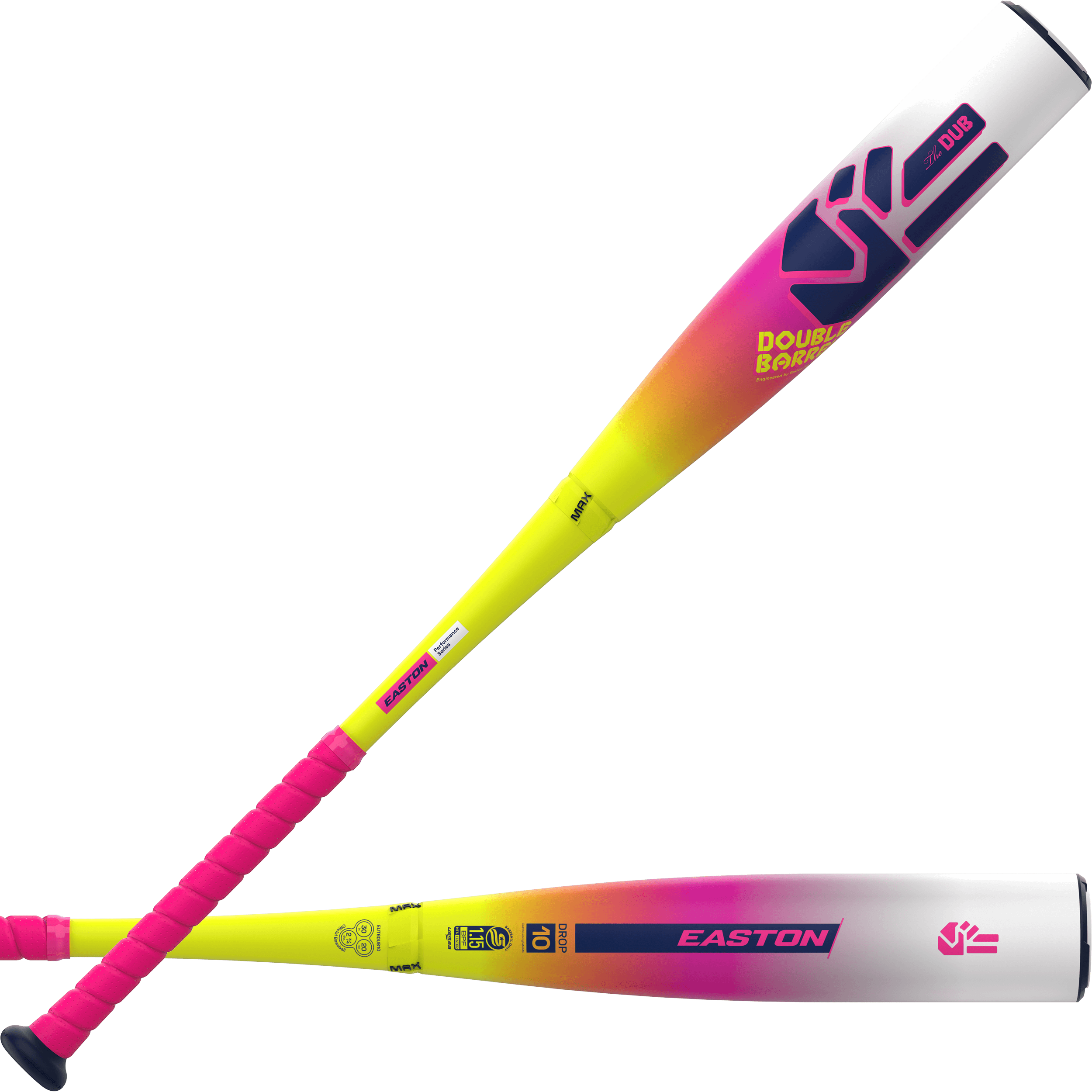 2026 Easton The DUB (-10) USSSA Baseball Bat in vibrant yellow and pink design showcasing Double Barrel Technology.
