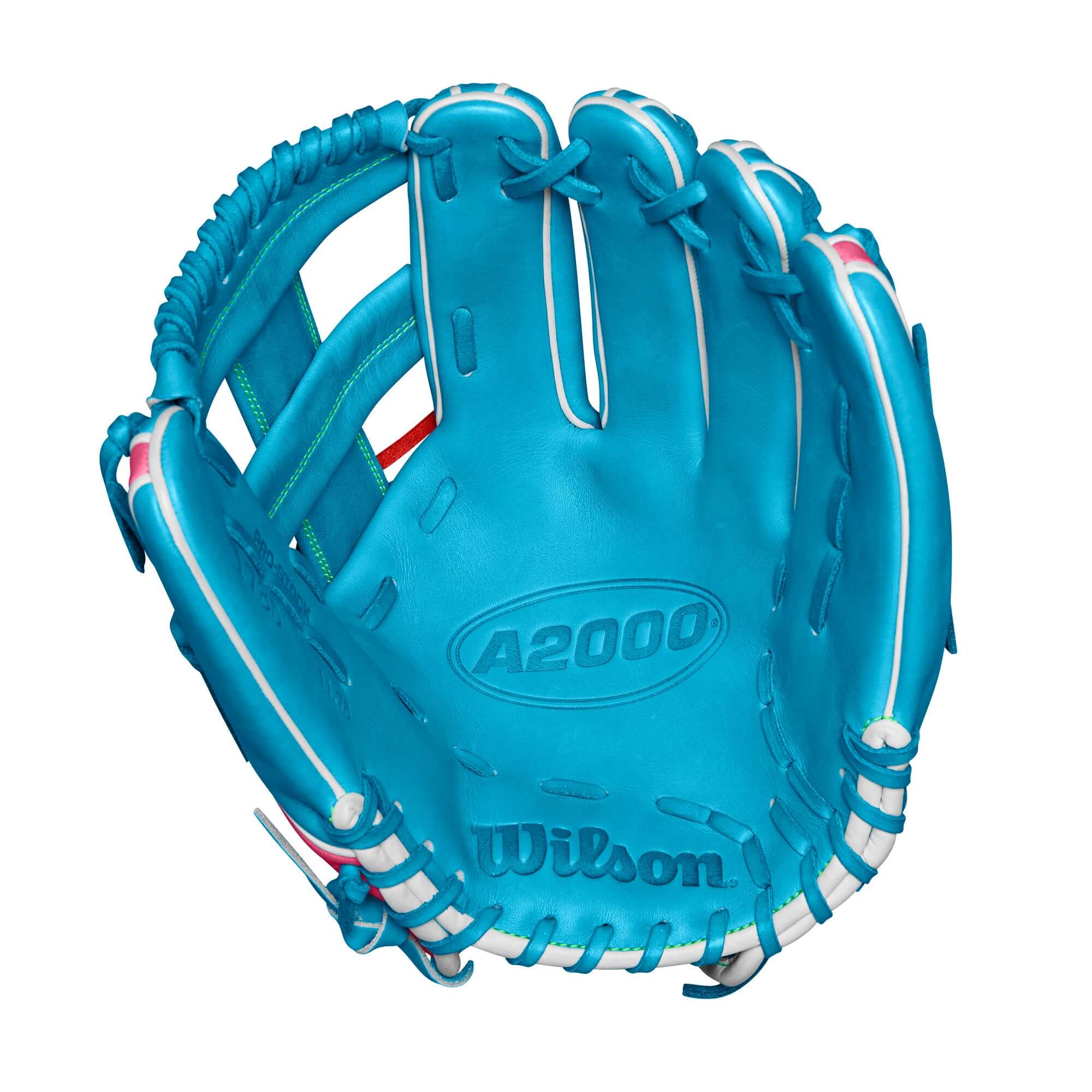 Wilson A2000 1785 infield baseball glove in sky blue, 11.75", featuring durable Pro Stock leather and Flamingo Pink stitching.