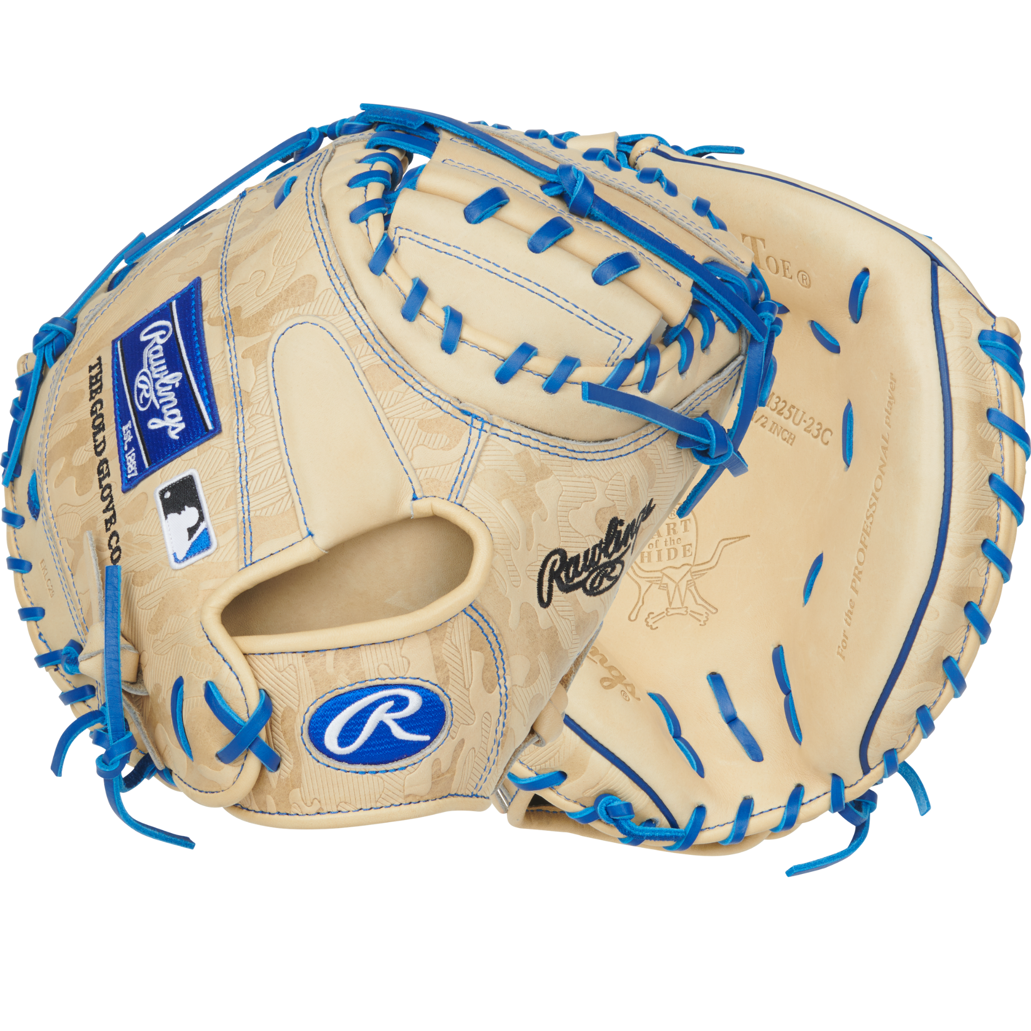 Back and palm view of Rawlings Heart of the Hide 32.5'' Contour Fit Catcher's Mitt in Camel/Royal