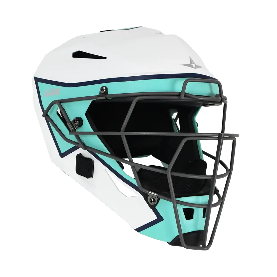 All-Star MVP-Pro Short Fuse Catcher's Kit helmet side view with teal and white design and black cage