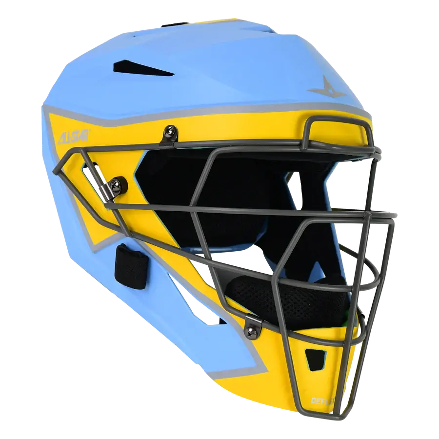 All-Star MVP-Pro Short Fuse Catcher's Kit helmet, Boston Limited Edition, Sky Blue/Yellow, side view with steel cage and padding.