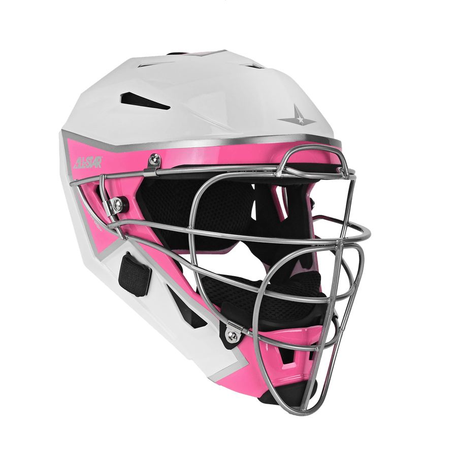 All-Star PHX Mother's Day Pro Series catcher’s helmet side view, white and pink with steel cage.
