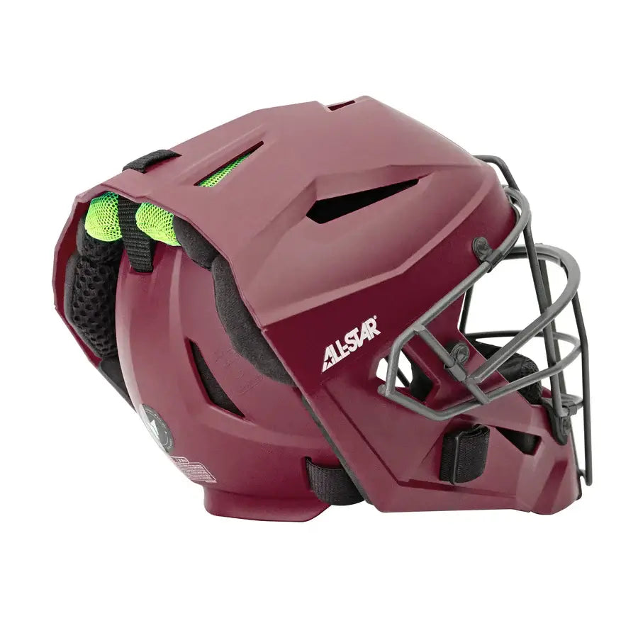 All-Star Adult MVP PRO Catcher's Helmet in matte maroon with Deflexion Tech for enhanced protection and performance.